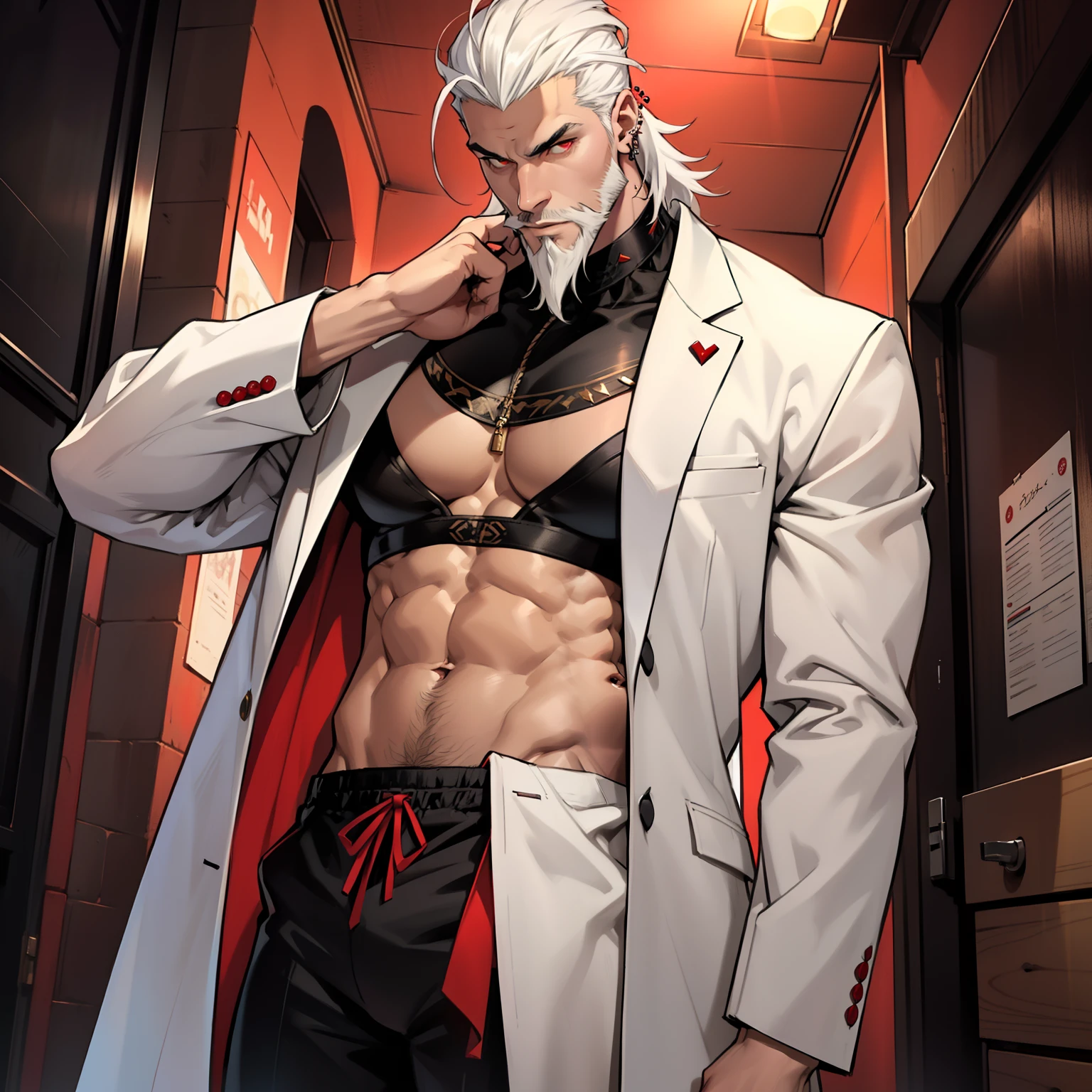 A young, tall and imposing male with short, slicked back white hair, a perfectly groomed beard, and piercing red eyes. He exudes confidence and carries himself with a sly and mysterious aura. Wearing panties and matching bra.