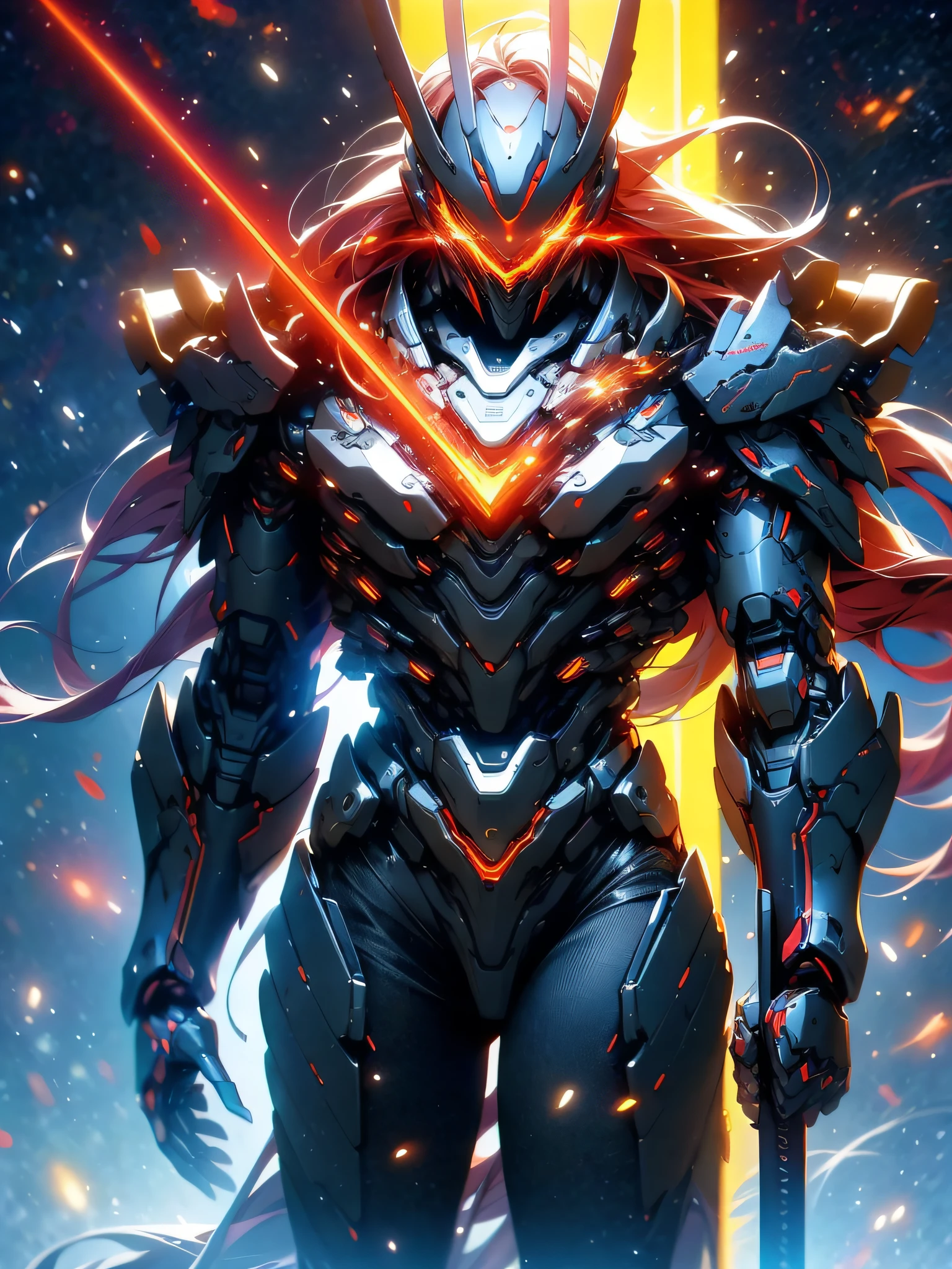 masterpiece, best quality, realistic,shiny,reflective,bioluminic, galactic cybernetic mask,galactic red-green mecha,(assassin:1.2), Robotic Knight, killing warrior pose, headdress,holding glowing red long sword,Galaxy,GlowingRunes_red,fullbody,cinemnatic,dark background,backlight,high contrast,