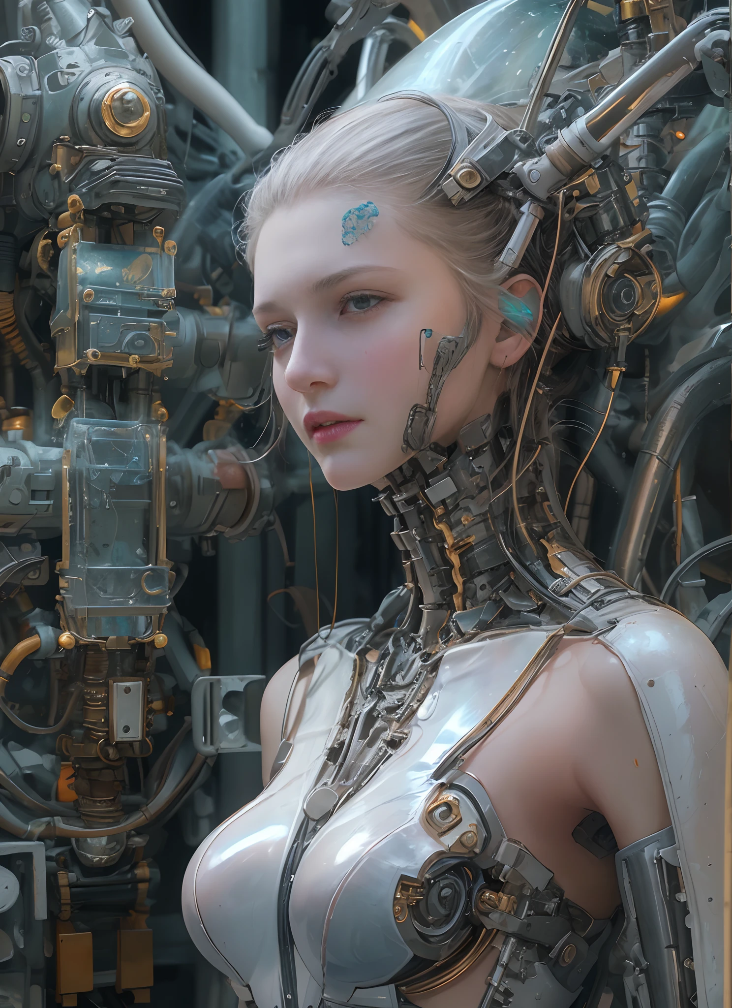 Top Quality, Masterpiece, Ultra High Resolution, ((Photorealistic: 1.4), Raw Photo, 1 cyberpunk android Girl, ((portrait)), Glossy Skin, (Ultra Realistic Details)), transparent plastic covering mechanical limbs, tubes connected to the mechanical parts, mechanical vertebrae attached to the spine, mechanical cervical attachment to the neck, wires and cables connecting to the head, Evangelion, ((Ghost in the Shell)), small glowing LED lamps, global lighting, deep shadows, Octane Rendering, 8K, Ultra Sharp, Metal, Intricate Ornament Details, baroque details, Very intricate details, realistic light, CGSoation trend, facing the camera, neon details, (android manufactory in background), art by H.R. Giger and Alphonse Mucha.