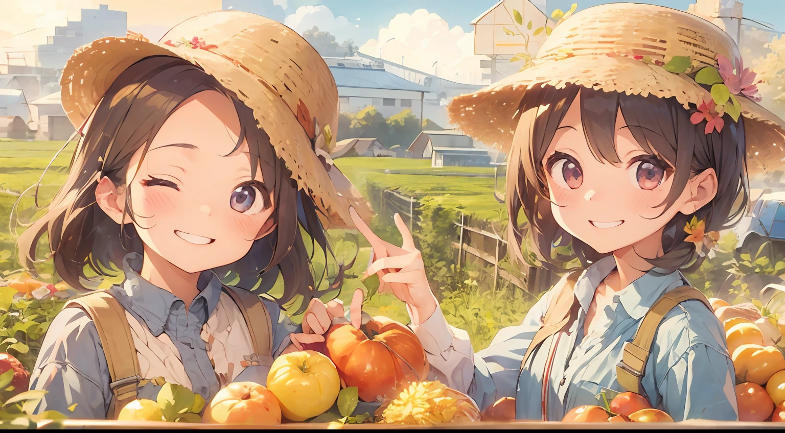 Girls' Farming、Smiling happily while showing off the harvest、Beautiful illustration of farm work