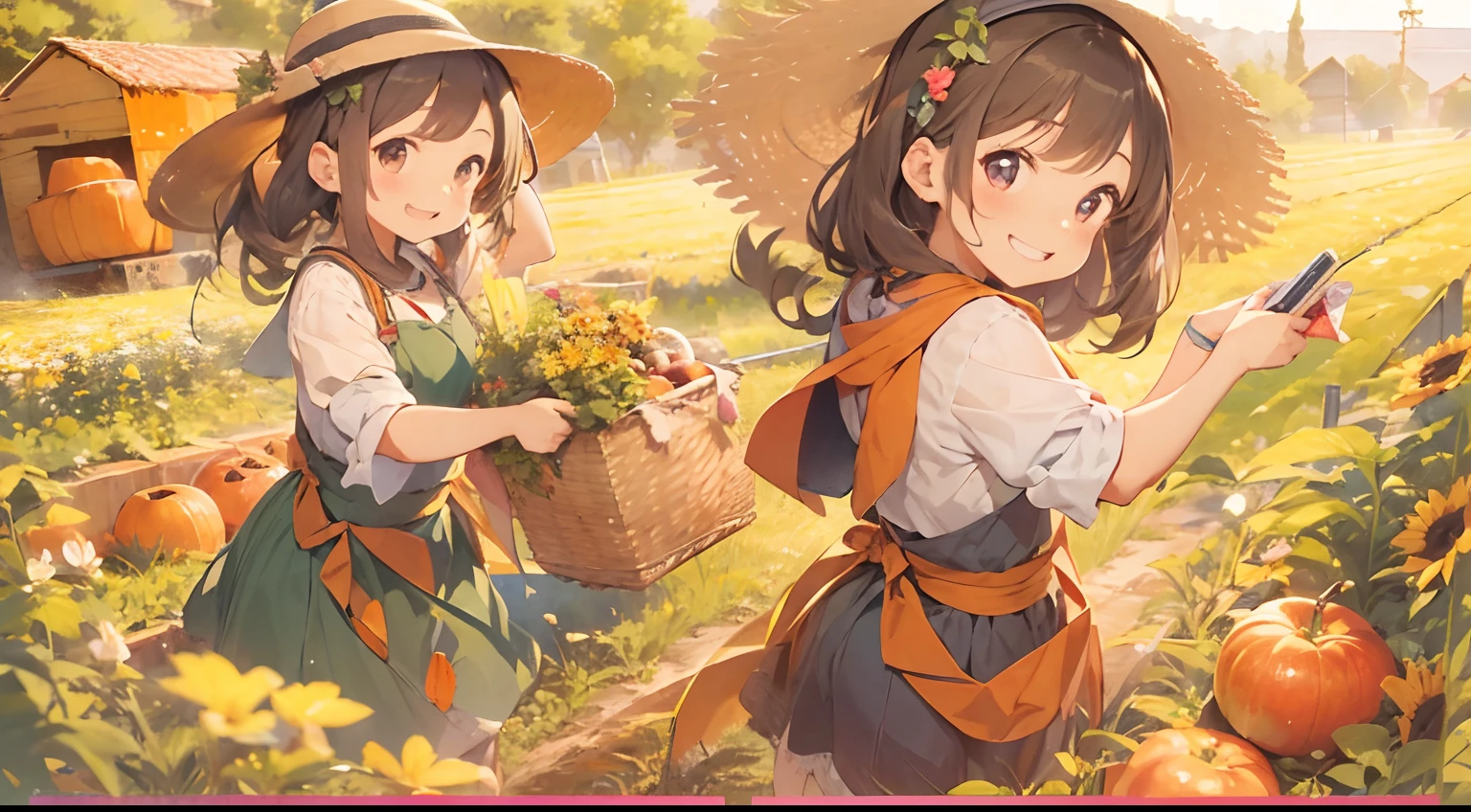 Girls' Farming、Smiling happily while showing off the harvest、Beautiful illustration of farm work