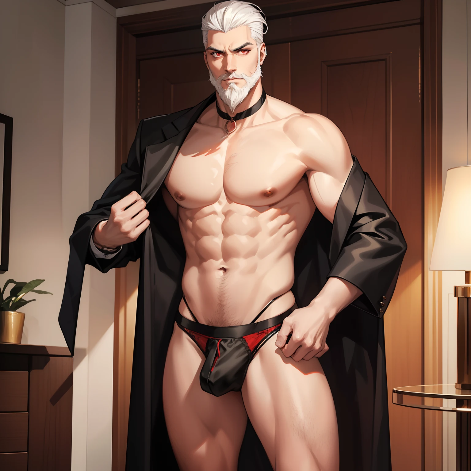 A young, tall and imposing male with short, slicked back white hair, a perfectly groomed beard, and piercing red eyes. He exudes confidence and carries himself with a sly and mysterious aura. Wearing panties and matching bra.