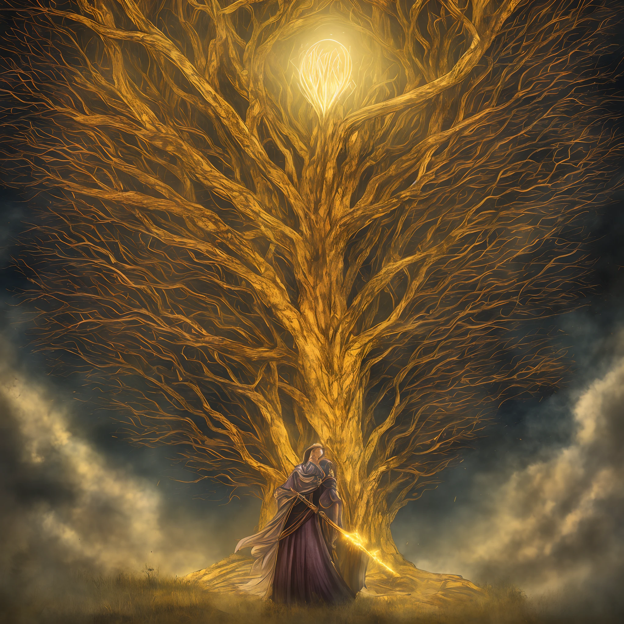 The Erdtree (Golden tree, Ōgonju) is a giant, golden tree that towers above the Lands Between. The Lands Between are blessed by the Elden Ring, which is the source of the Erdtree, that symbolizes its presence. It is the heart of the Golden Order. The blessing granted by the Erdtree and consequently the Elden Ring, is represented by a golden light in the eyes of the inhabitants of the Lands Between, known as the Grace of Gold. Upon their deaths, the remembrances of demigods and greater champions, and other such powerful beings are hewn into the Erdtree, no humans, white bark with fire luminous veins, ((glow)), magic, gigantic tree covering the entire sky