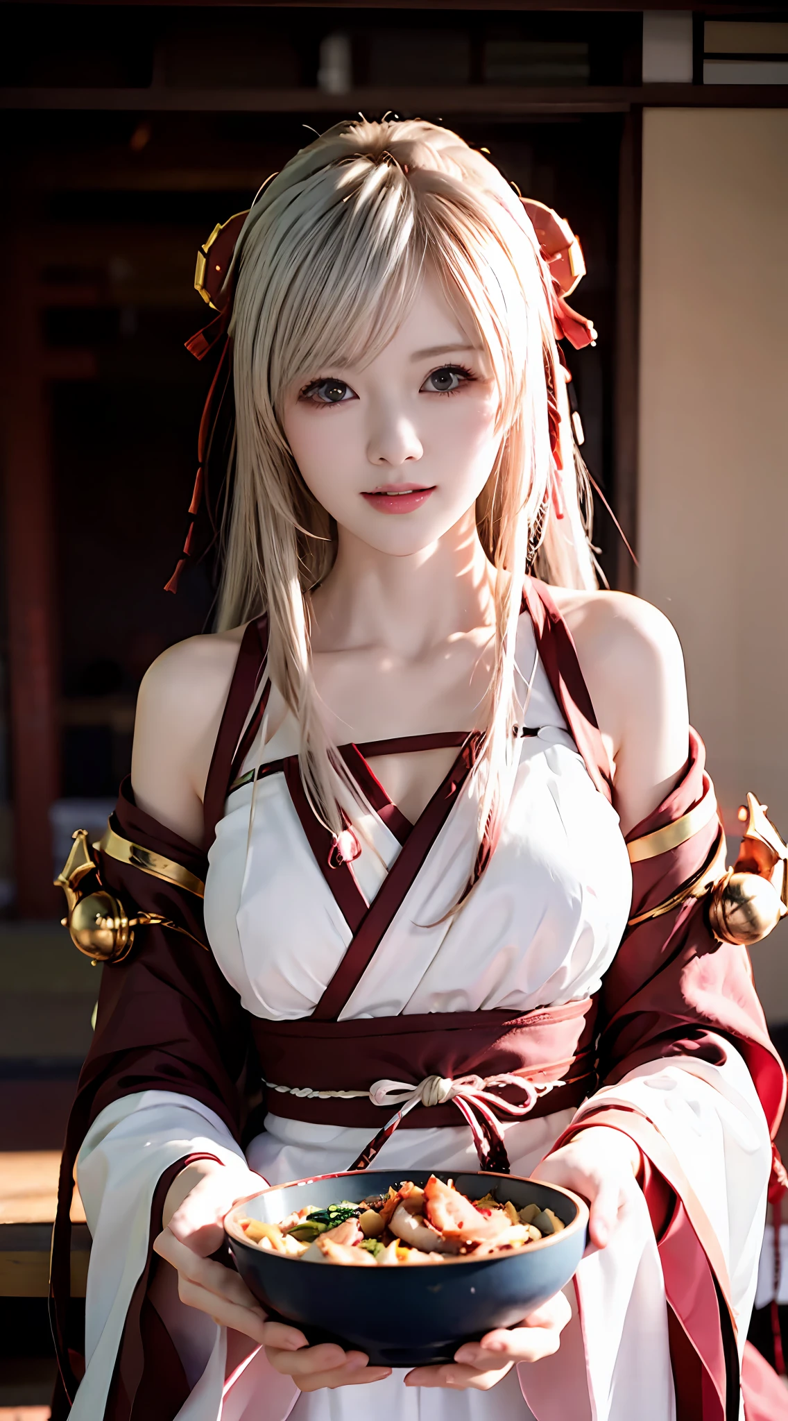 Japanese girl with a fan in her hand，komono，cyber punk perssonage，White color hair，Huge pink glow on background，Ambient light，zodiac girl's,punk，Handheld fan，lobster，A desert，，Bend bowl