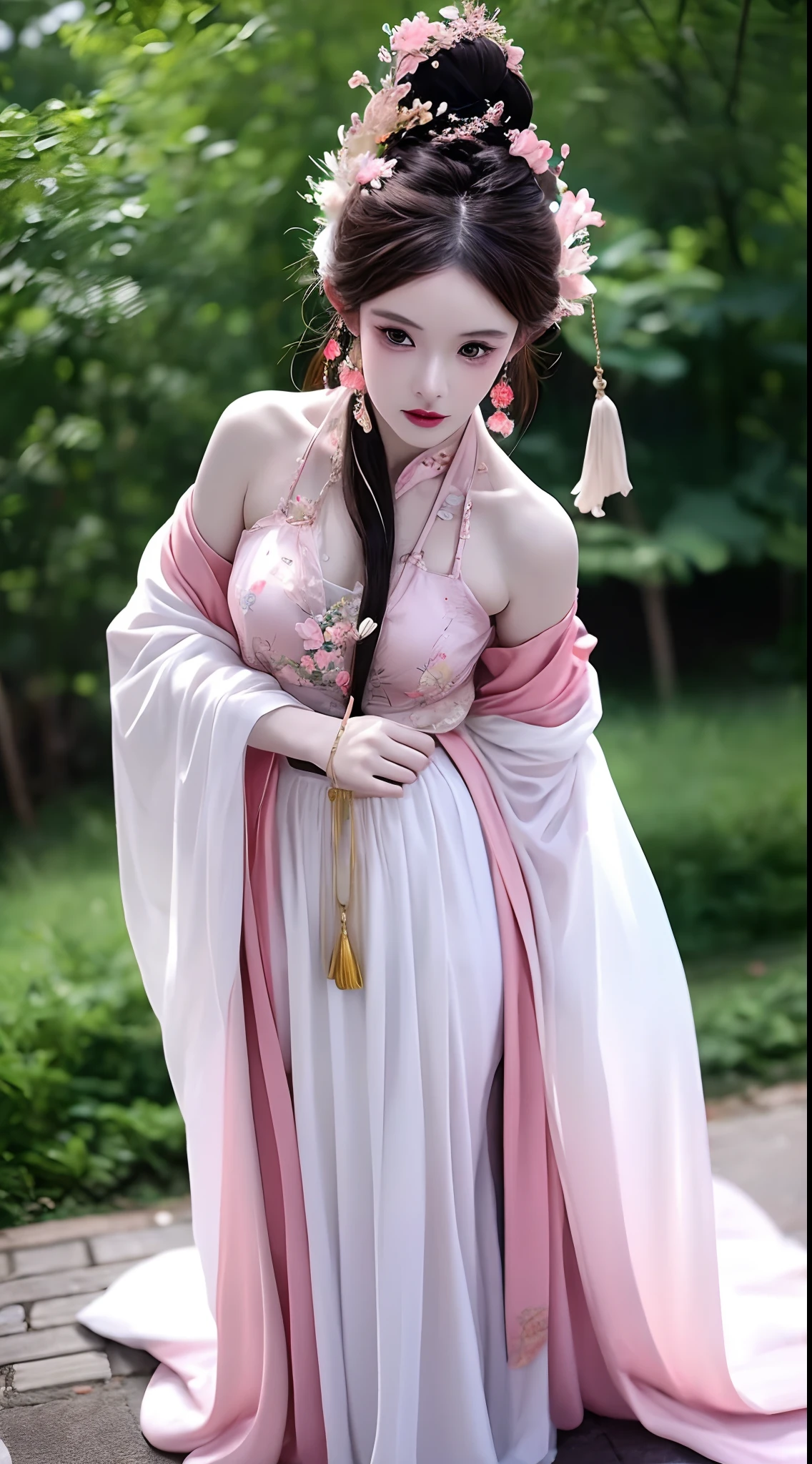 1 realistically beautiful girl, waist length hair, black eyes, ancient Ao Dai, style hanfu, wearing a thin silk shirt of ancient China, pink and smooth white skin, wearing a discreet ancient style ao dai, appears shoulders and head in the photo, plump red lips, pout, mouth shut, embarrassed, small face makeup detailed and very beautifull, breast augmentation, ((big blum boobs:1.0)), Cover the girl's chest with a camisole inside, blush, from front, wear earrings, necklaces, from above, looking at viewer, upturned eyes, full body, masterpiece, top quality, best quality, official art, unity 8k wallpaper, highres, ultra-high res, ultra-detailed, (photorealistic:1.2), alone, solo, Only 1 girl, style hanfu Dunhuang, 10x pixels, super realistic, ultra high quality, full body view of the girl,