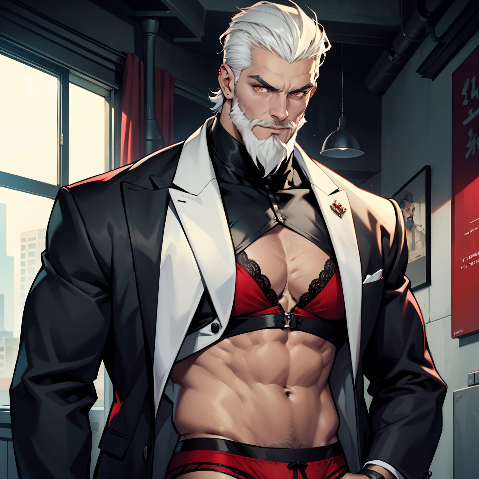 A young, tall and imposing male with short, slicked back white hair, a perfectly groomed beard, and piercing red eyes. He exudes confidence and carries himself with a sly and mysterious aura. Wearing panties and matching bra.