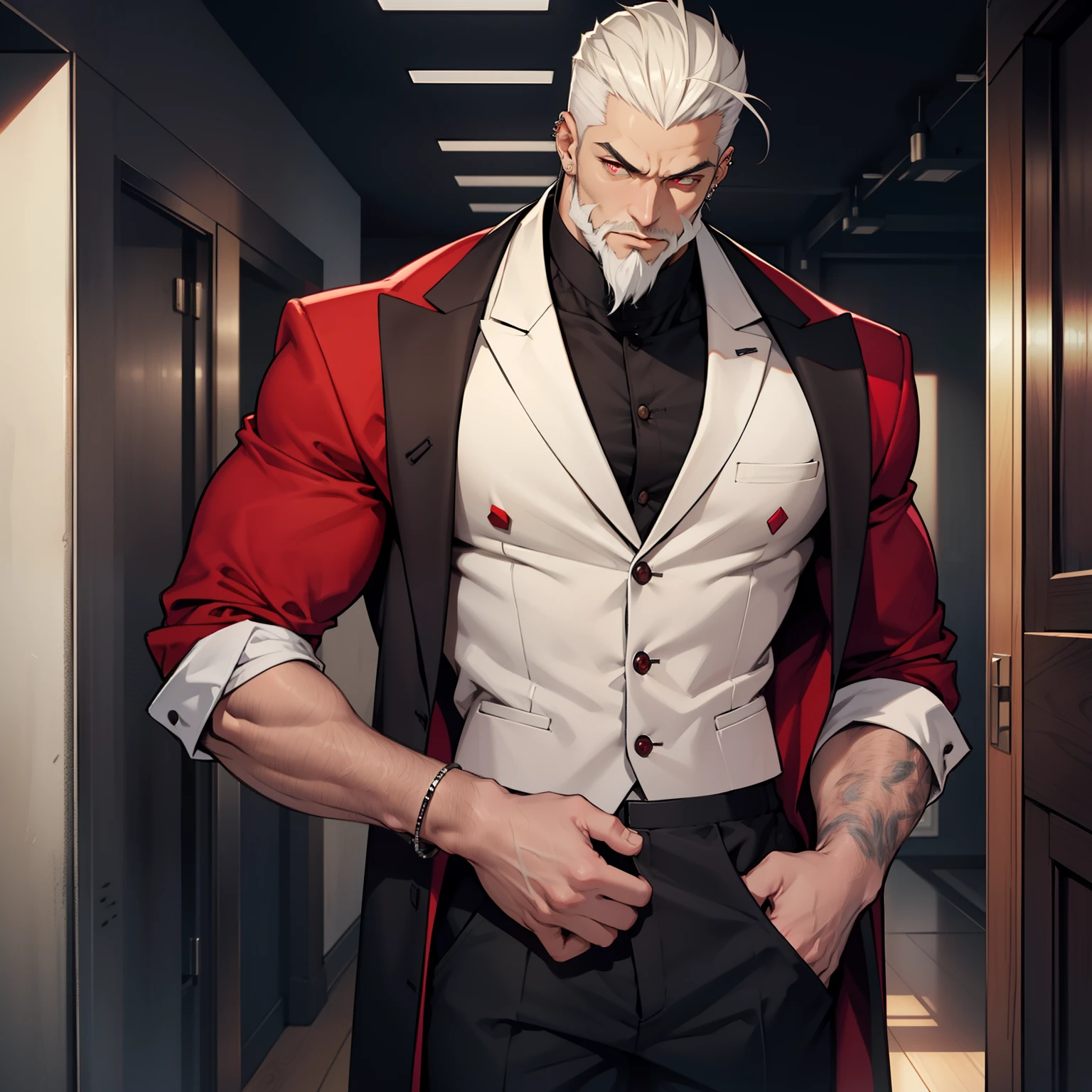 A young, tall and imposing male with short, slicked back white hair, a perfectly groomed beard, and piercing red eyes. He exudes confidence and carries himself with a sly and mysterious aura. Wearing panties and matching bra.