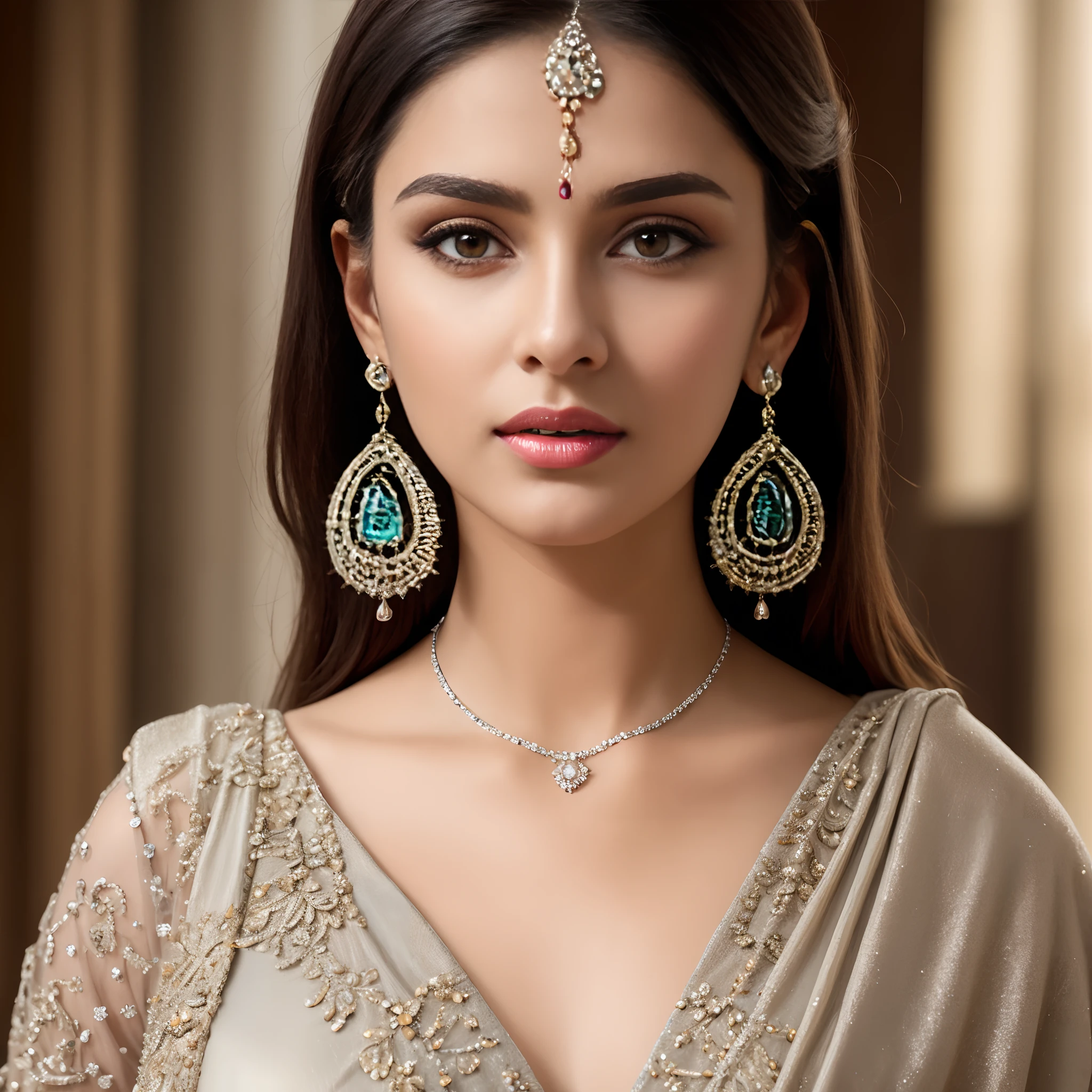 (masterpiece, best quality), intricate details, realistic, photorealistic, a of a Indian hot woman wearing earrings, inspired by Emma Andijewska, draped in crystals, silver color, long earrings, sandra chevier, huge earrings, 2019, blue-eyed, platinum jewellery, earring, flawless structure, silver earring,