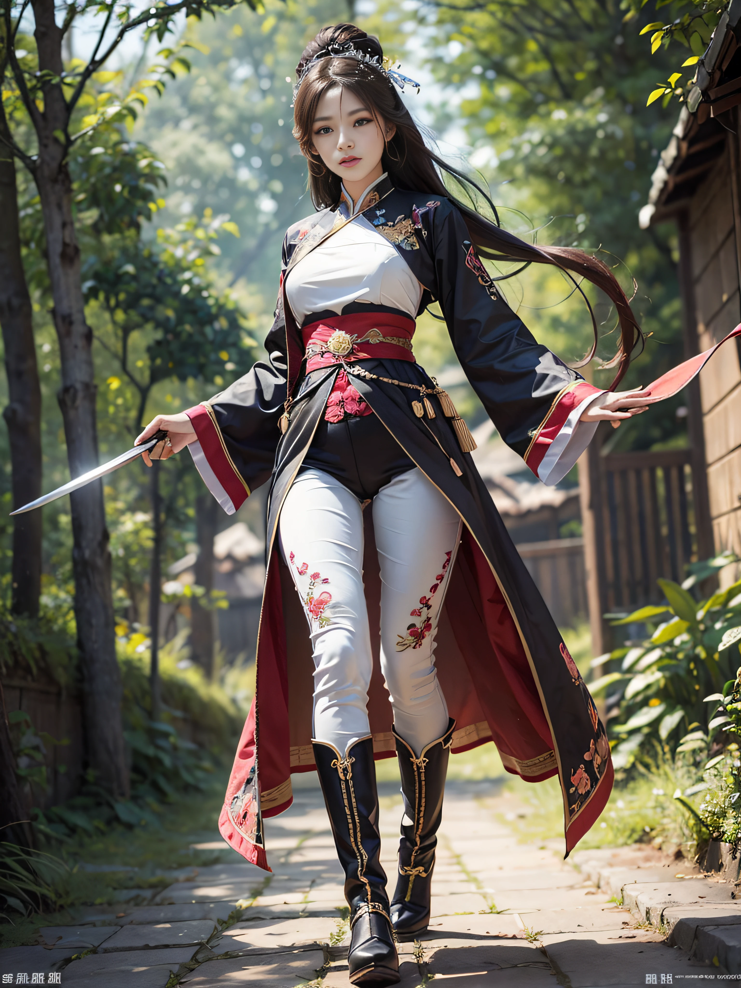 Royal sister,swordsmen,Big sister type,Oriental women,gallant woman,Cold sass,Different styles,tmasterpiece,A high resolution,,Absolutely beautiful,,(Wide buttock:1.4),(Thick legs:1.4),are standing,exquisitedetails,A high resolution,Wallpapers,1female,独奏,,enchanted、Raised sexy, A cruel expression,ancient wind,Hanfu,,Wear long pants,Wear boots,embroidery, natural poses,standing on your feet, Fanning,16K,HDR,A high resolution,depth of fields,Bocoon,prime time,Vignette,rainbowing