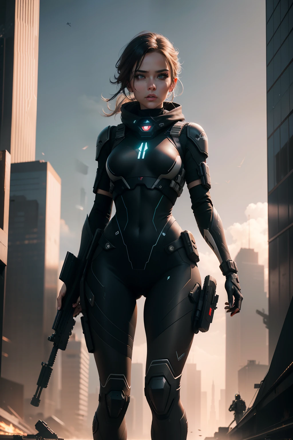 a beautiful slim woman dressed in a modern combat suit carrying an ultra modern sniper rifle in a futuristic city in combat position, ultra detailed and ultra realistic image  composition, 8k photorealistic, rendered in octane, unreal engine, unreal engine 5, artstation trending, trending, ominous, menacing, futuristic, moody, dramatic, cinematic, 4k, —ar 9:16 --upl