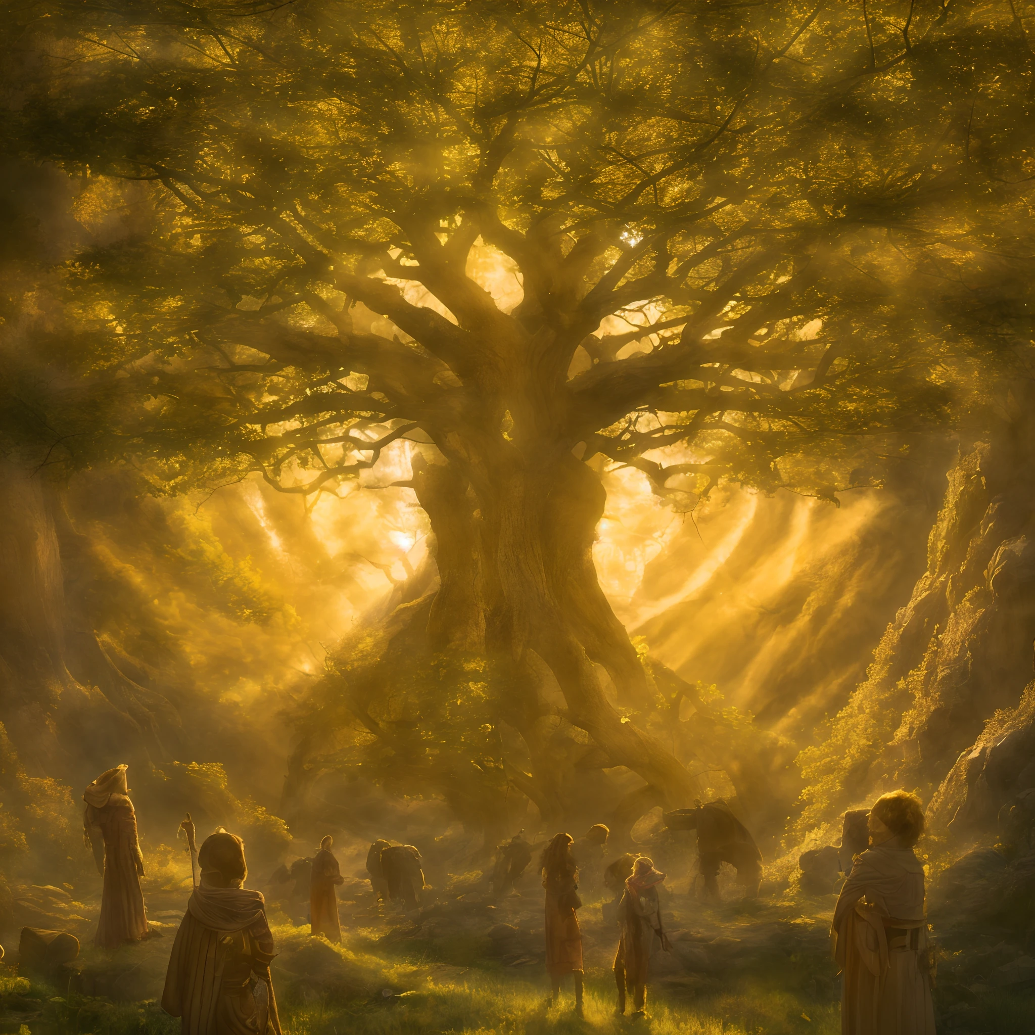 The Erdtree (Golden tree, Ōgonju) is a giant, golden tree that towers above the Lands Between. The Lands Between are blessed by the Elden Ring, which is the source of the Erdtree, that symbolizes its presence. It is the heart of the Golden Order. The blessing granted by the Erdtree and consequently the Elden Ring, is represented by a golden light in the eyes of the inhabitants of the Lands Between, known as the Grace of Gold. Upon their deaths, the remembrances of demigods and greater champions, and other such powerful beings are hewn into the Erdtree