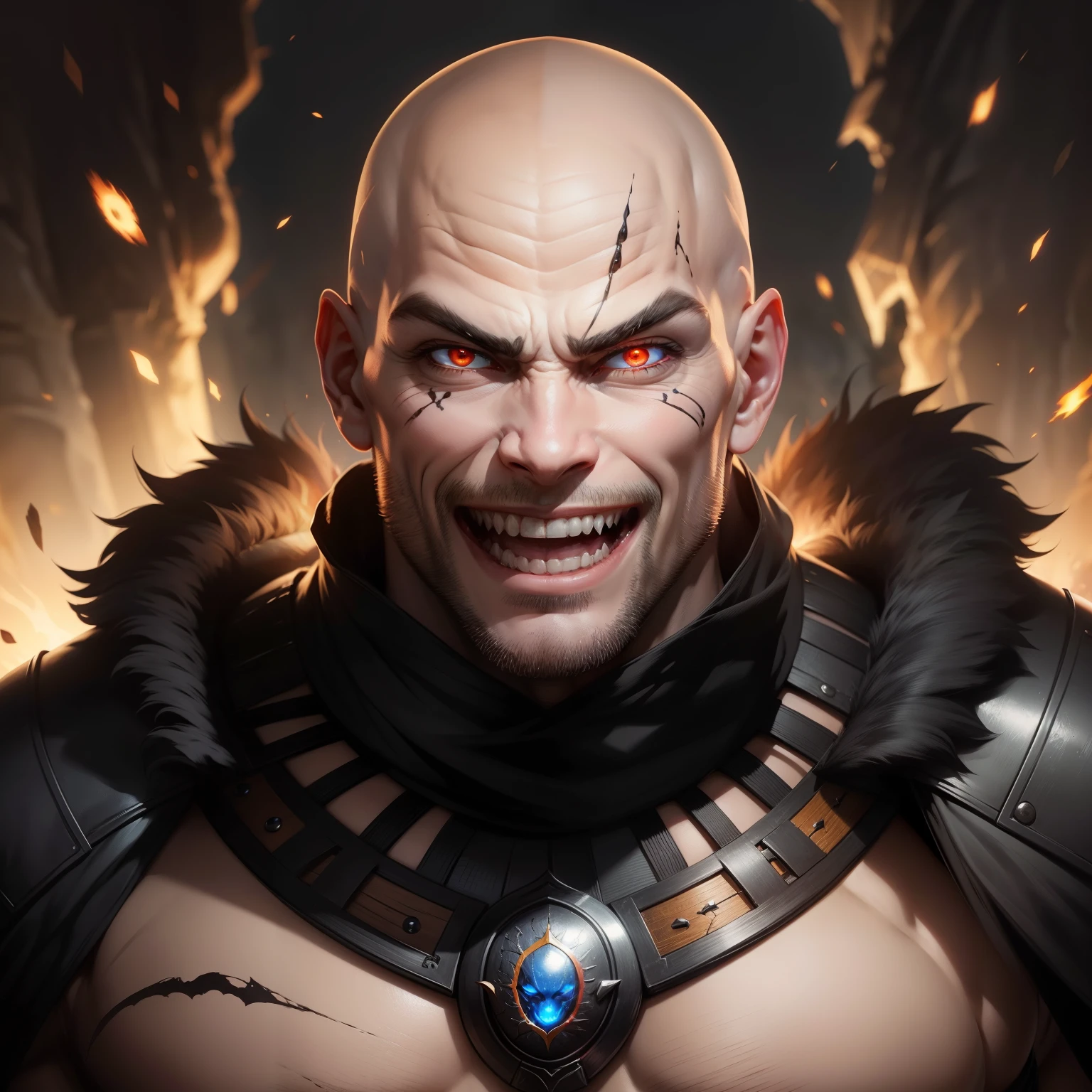 Handsome evil bald muscular warrior glowing eyes Face portrait hyper realistic super detailed laughing crazy expression
