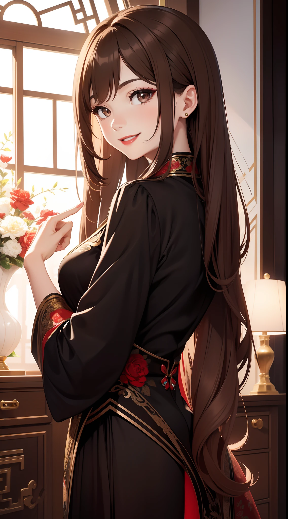Adult woman, long light brown hair, Brown eyes, Black blue Chinese dress, red lipstick, Smile, Masterpiece, hiquality