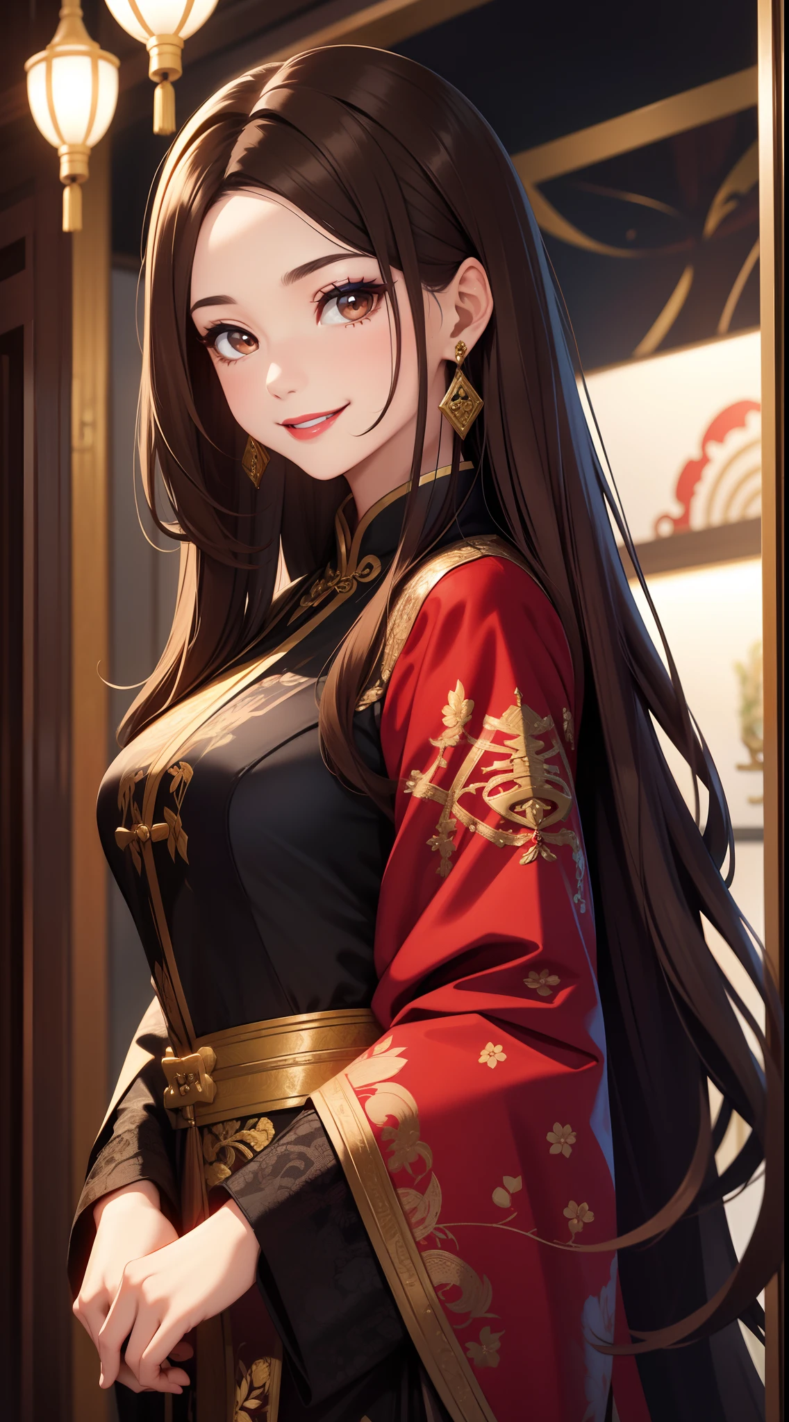 Adult woman, long light brown hair, Brown eyes, Black blue Chinese dress, red lipstick, Smile, Masterpiece, hiquality