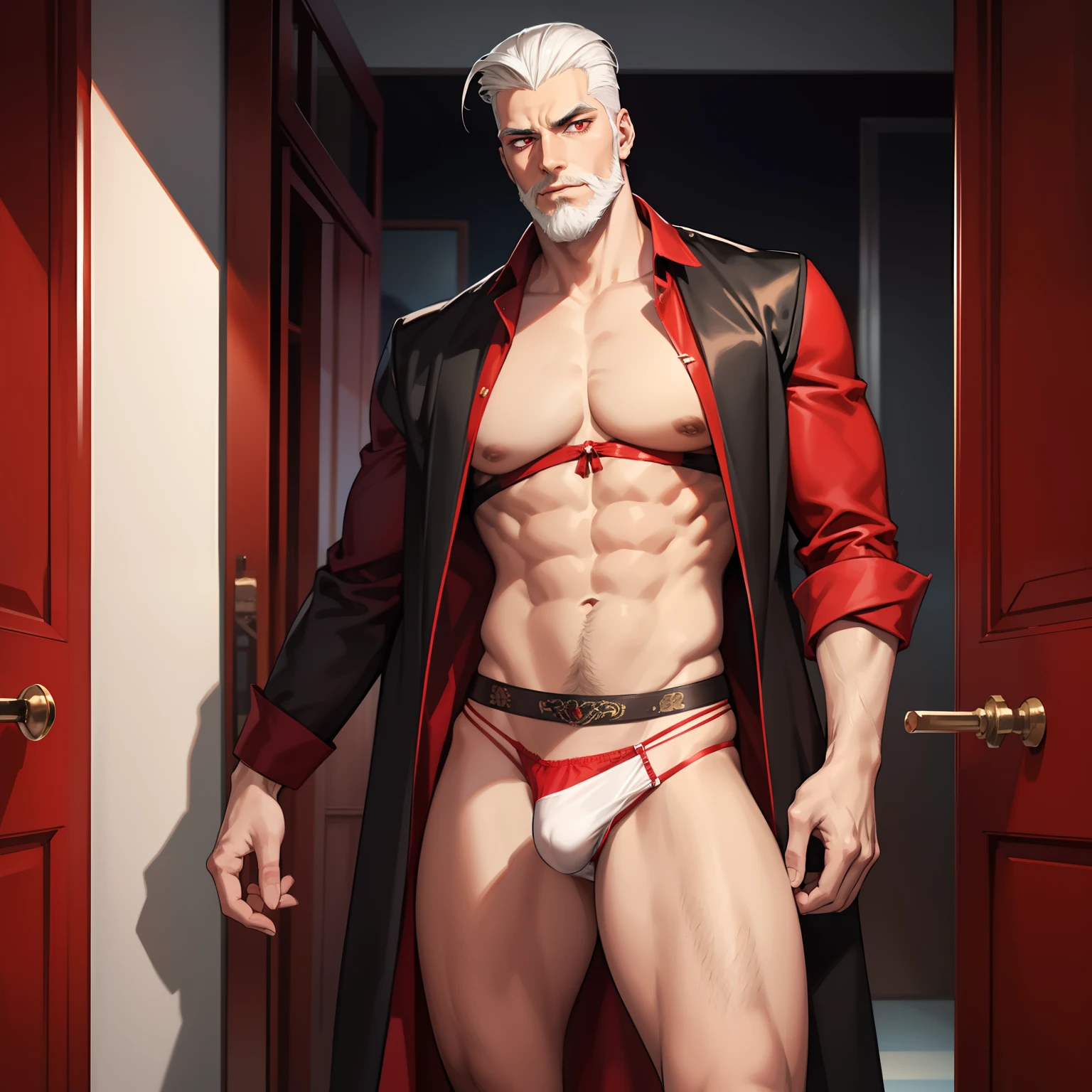 A young, tall and imposing male with short, slicked back white hair, a perfectly groomed beard, and piercing red eyes. He exudes confidence and carries himself with a sly and mysterious aura. Wearing panties and matching bra.