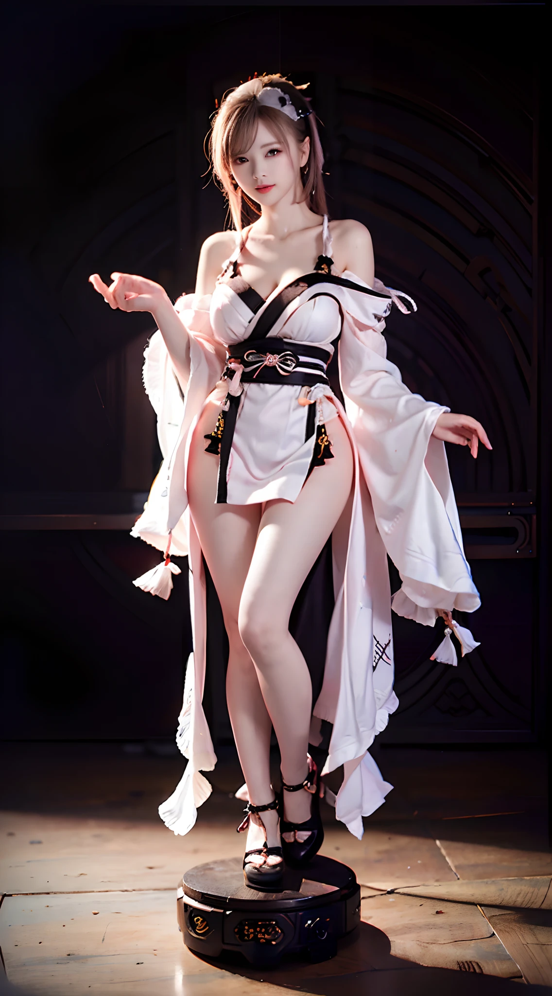 Japanese girl with a fan in her hand，komono，cyber punk perssonage，White color hair，Huge pink glow on background，Ambient light，zodiac girl's,punk，Full body like，whole body display，Exposing thighs，Oversized bust，sitting down，sexyposture，Legs
