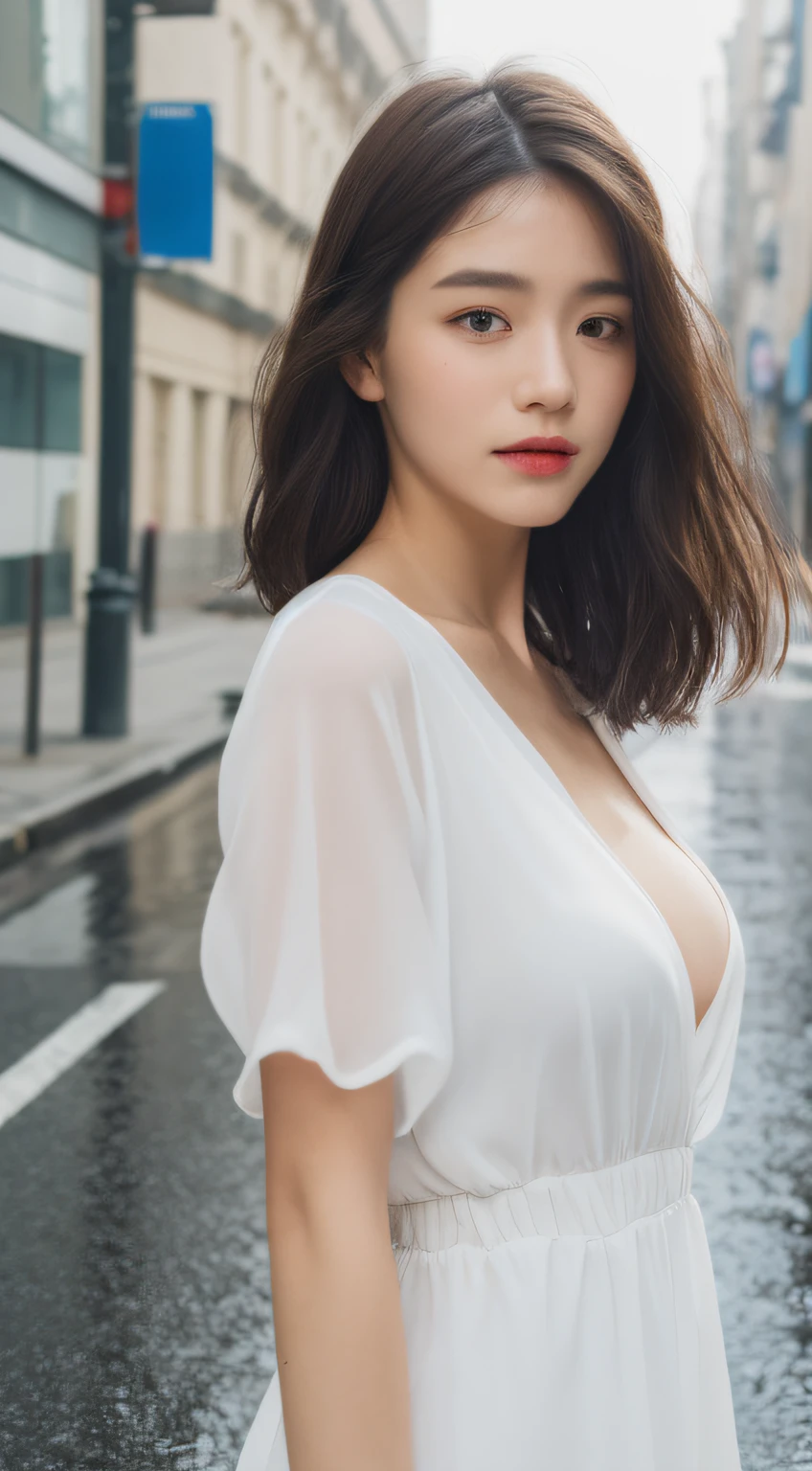 ((Best Quality, 8K, Masterpiece:1.3)), Focus: 1.2, Perfect Body Beauty: 1.4, Buttocks: 1.2, ((Layered Haircut, Breasts: 1.2)), (Wet Clothes: 1.1) , (Rain, Street:1.3), Bandeau Dress: 1.1, Highly Detailed Face and Skin Texture, Delicate Eyes, Double Eyelids, Whitened Skin, Long Hair