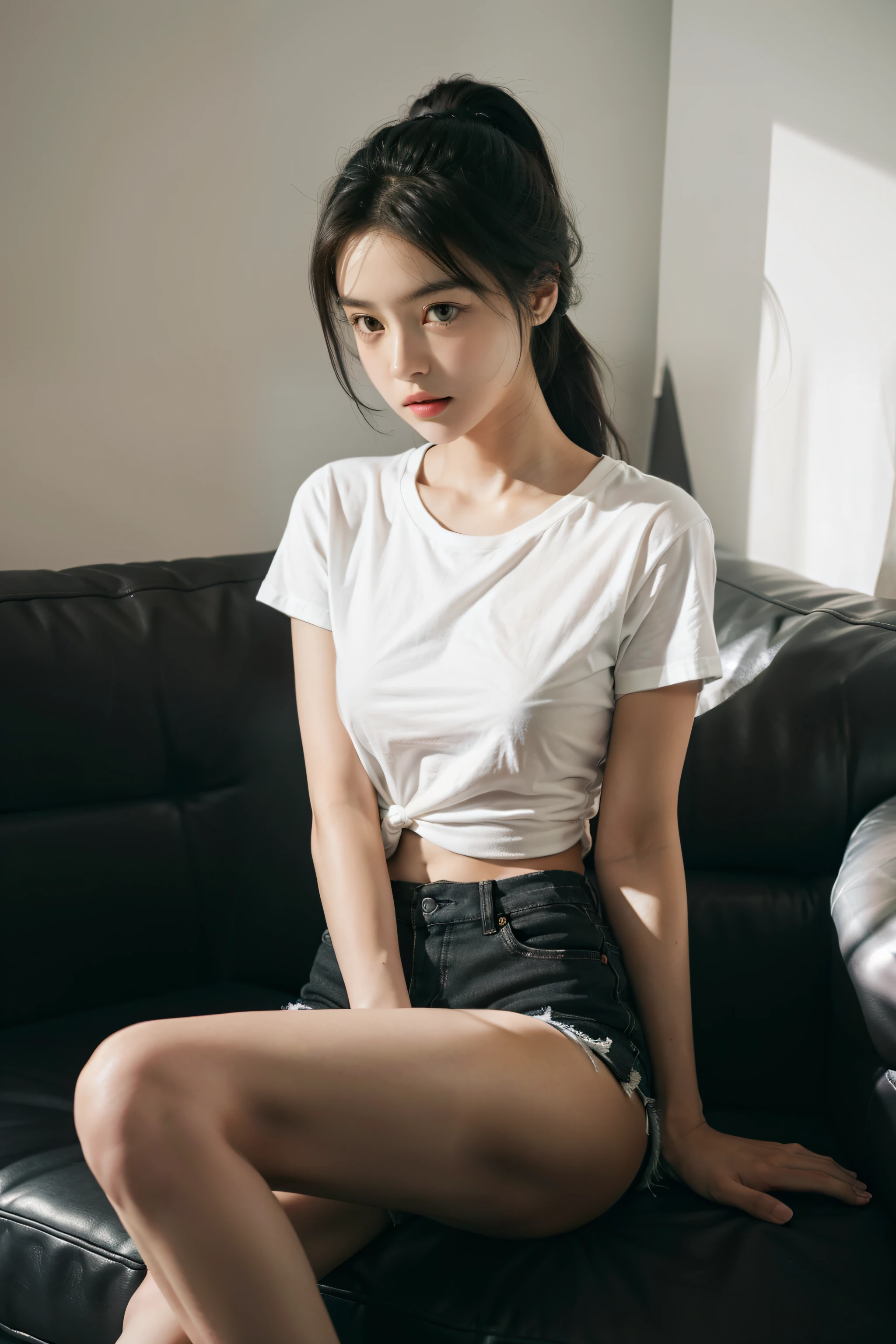 A girl, sitting on a sofa. Cross your legs. Soft light. Wear a white t-shirt. Black shorts. Long black hair tied neatly. .