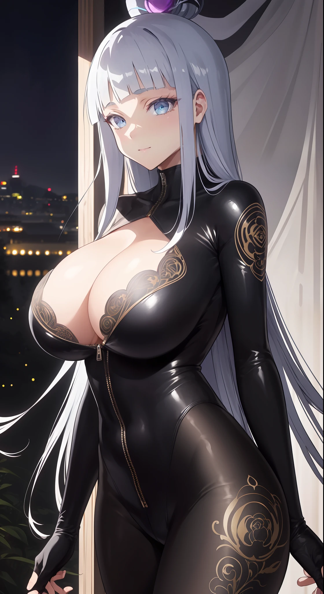 professional artwork, Intricate Details, field of view, sharp focus, detailed painting, photorealistic lighting, trending on pixiv, Standing at attention, sky blue bodysuit, tight bodysuit, ((huge breasts:1,3)), revealed skin, cleavage, bodysuit zip half opened, Beautiful body,Beautiful Nose,Beautiful character design, perfect eyes, perfect face, looking at viewer, NSFW,official art,extremely detailed CG unity 8k wallpaper, perfect lighting,Colorful, Bright_Front_face_Lighting, (masterpiece:1.0),(best_quality:1.0), ultra high res,4K,ultra-detailed, photography, 8K, HDR, highres, absurdres:1.2, Kodak portra 400, film grain, blurry background, bokeh:1.2, lens flare, (vibrant_color:1.2), shikkoku_yorihime, (seductive look, flirting, sexy)