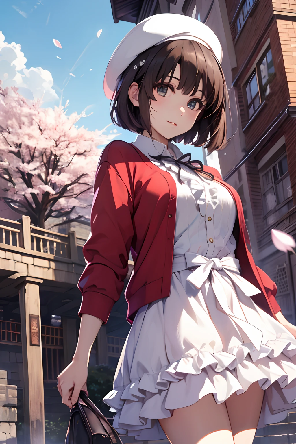 masterpiece, best quality, highres, hmkm1, short hair, white headwear, beret, red cardigan, white dress, frills, ribbon, long sleeves, open clothes, medium breasts, cowboy shot, standing, cherry blossoms, outdoors