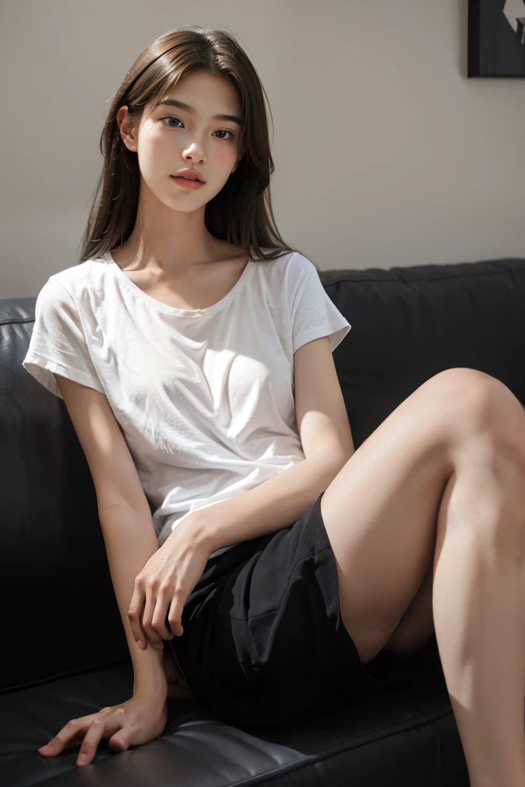 1girl,sitting on a cozy couch,crossing legs,soft light. Sitting on the sofa reading a book. . Next to him was a guy. Handsome, tall. Wear a simple white t-shirt and black shorts. Looking at the girl. Hand on chin. Soft smile