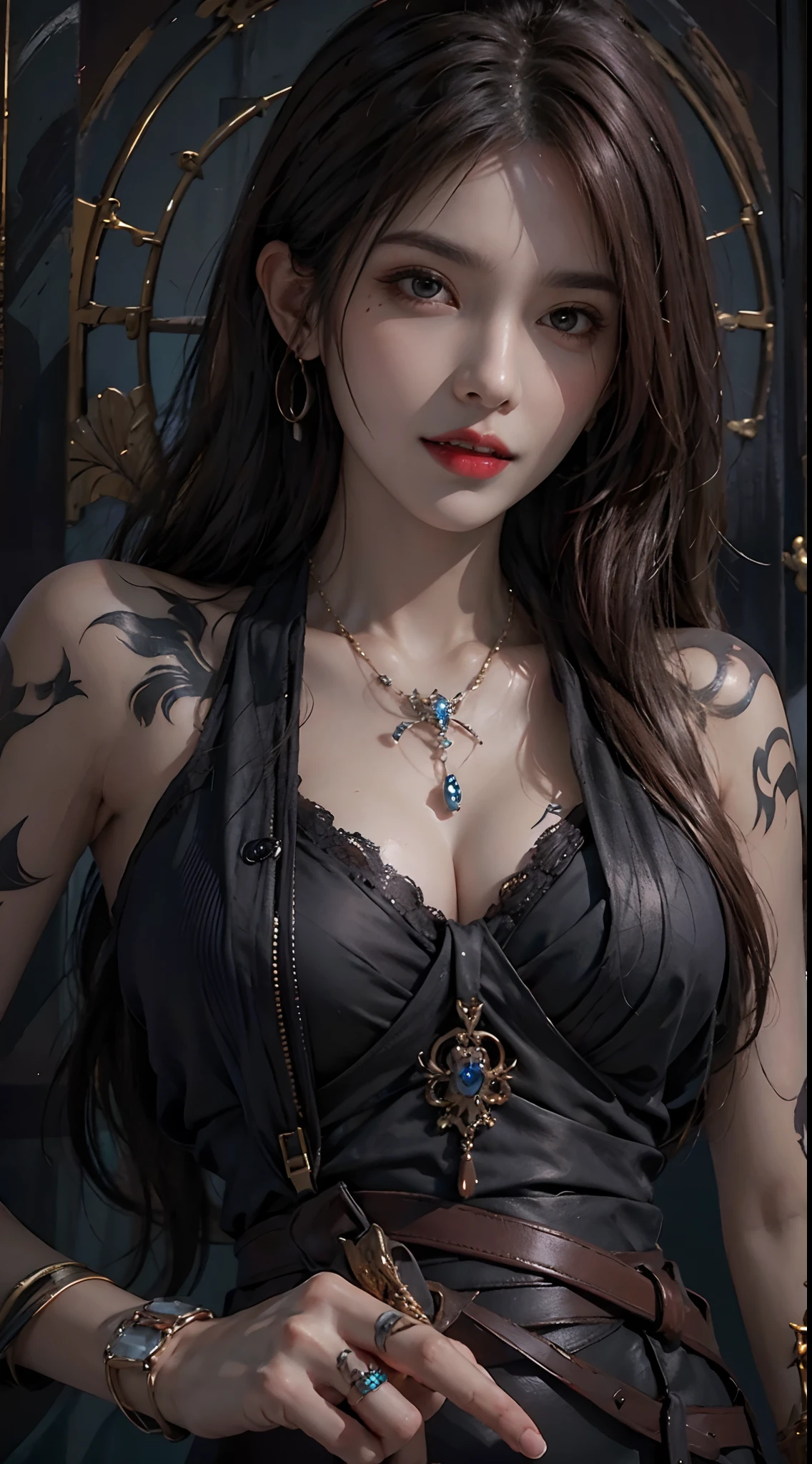 photorealistic, high resolution, 1women, solo, hips up, look at viewer, (detailed face), vampire, fangs, jewelry, tattoo