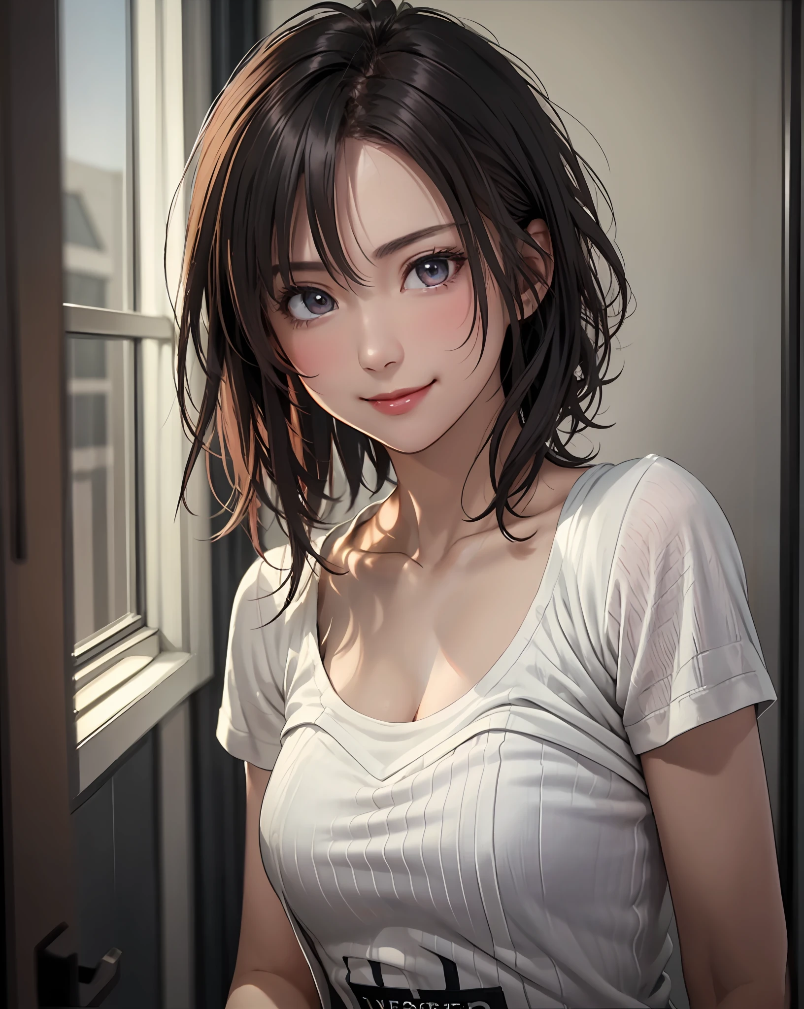 Best Quality, Ultra High Resolution, (Photorealistic: 1.4), Beautiful Eyes, Super Beautiful, Very Short Hair, Beautiful, Sweetheart, T-shirt with Rough Chest, Beautiful Soldier, Eyes That Invite Viewer, Lover's Perspective, Inviting Expression, Sexy Smile, Perfect Style, Perfect Balance, Detailed Skin, Naughty Gaze, Chest Visible