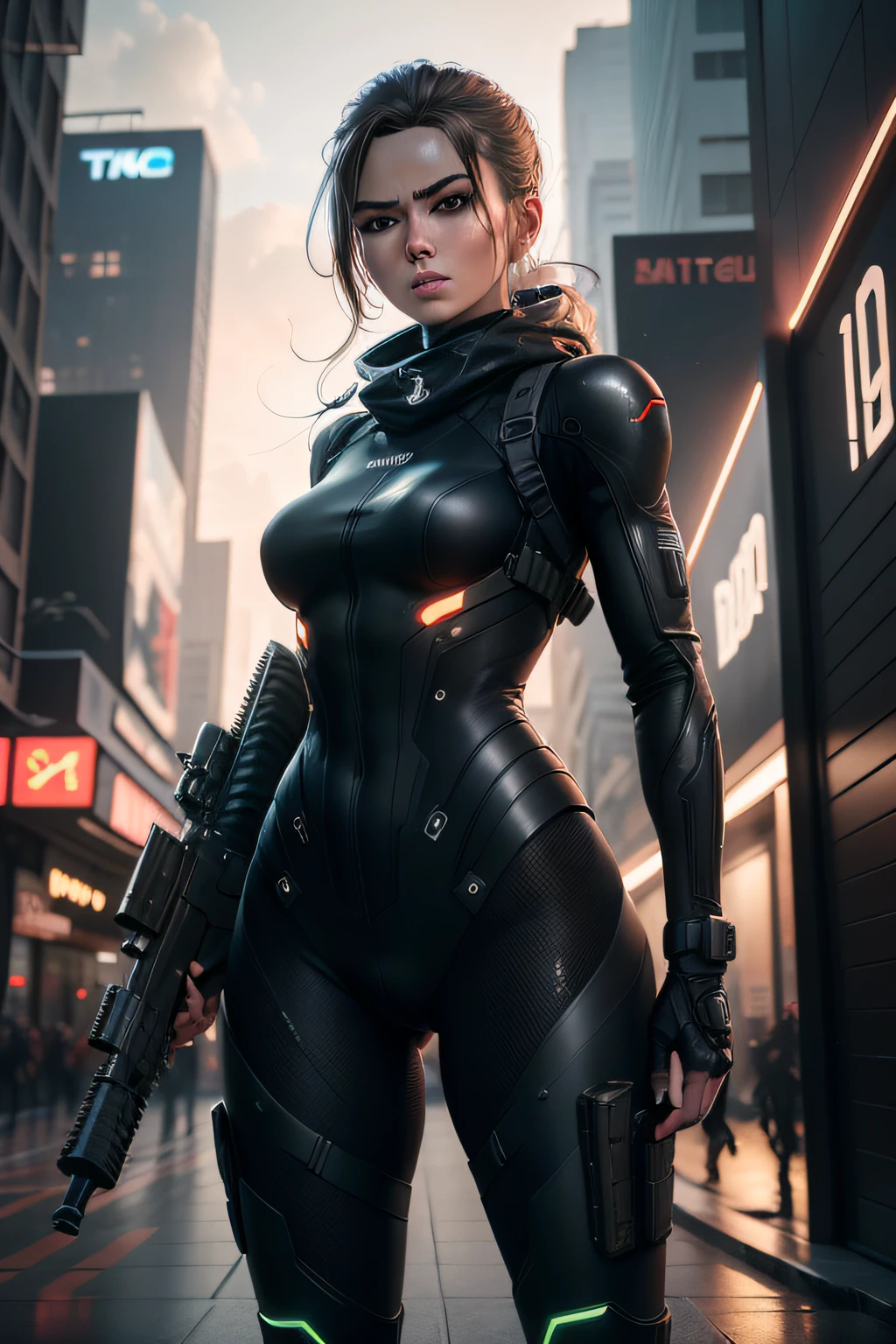 A beautiful skinny woman dressed in a modern combat suit carrying an ultra modern sniper rifle in a futuristic city in combat position, Ultra detailed and ultra realistic image composition, 8k fotorrealista, renderizado em octanagem, Motor irreal, Motor Unreal 5, trend artstation, trending, agourento, menacingly, Futuristic, Moody, Dramatic, cinemactic, 4k, —ar 9:16 --UPL