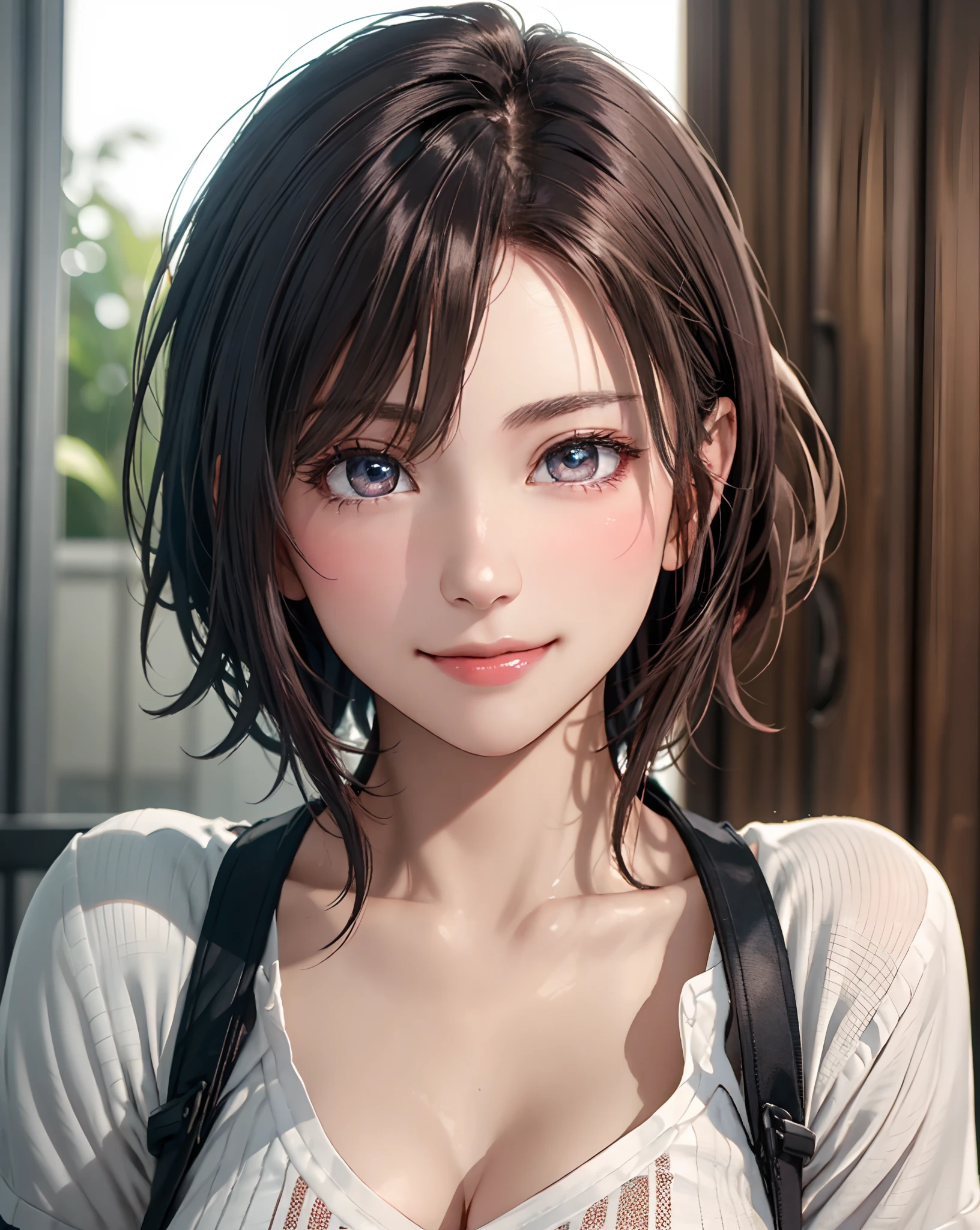Best Quality, Ultra High Resolution, (Photorealistic: 1.4), Beautiful Eyes, Super Beautiful, Very Short Hair, Beautiful, Sweetheart, T-shirt with Rough Chest, Beautiful Soldier, Eyes That Invite Viewer, Lover's Perspective, Inviting Expression, Sexy Smile, Perfect Style, Perfect Balance, Detailed Skin, Naughty Gaze, Chest Visible