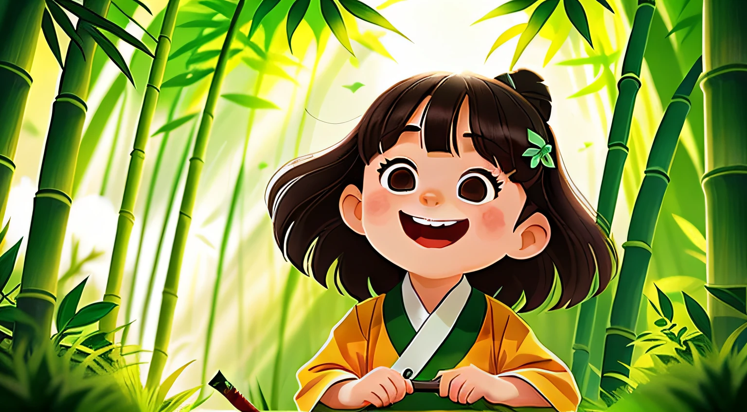 A little girl smiling back in the bamboo forest,wearing a hanfu,greenish tinge,bamboo forest scene