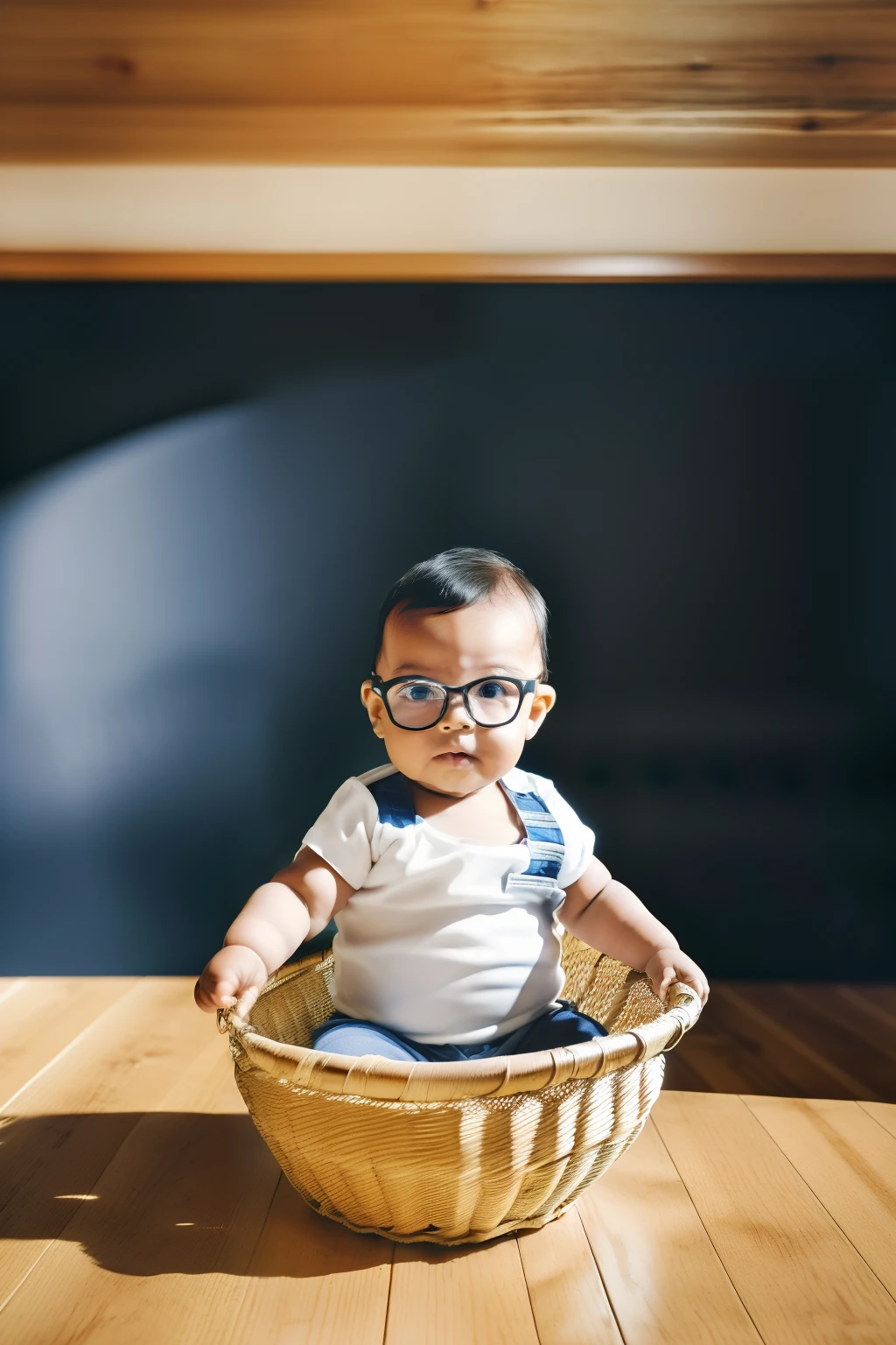 guttonervision8, Studio photograph of a 1-year-old baby wearing glasses inside a basket made of straw and bamboo on top of a table, (hiper-realismo :1.3), (fotorrealista, 8k, UHD: 1.3), (hiper detalhado :1.2), fotografia de estudio com tecnica chiaroscuro
