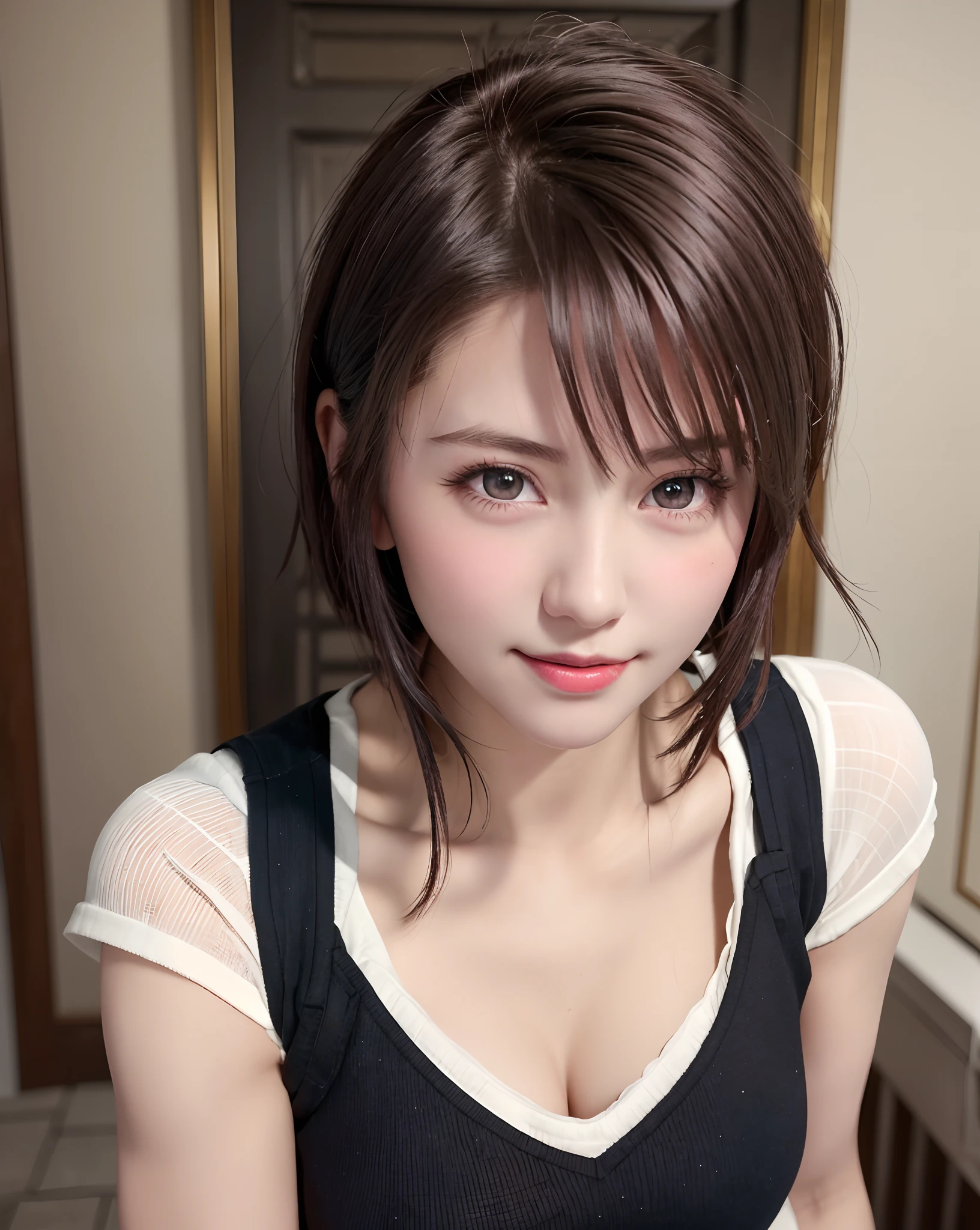 Best Quality, Ultra High Resolution, (Photorealistic: 1.4), Beautiful Eyes, Super Beautiful, Very Short Hair, Beautiful, Sweetheart, T-shirt with Rough Chest, Beautiful Soldier, Eyes That Invite Viewer, Lover's Perspective, Inviting Expression, Sexy Smile, Perfect Style, Perfect Balance, Detailed Skin, Naughty Gaze, Chest Visible