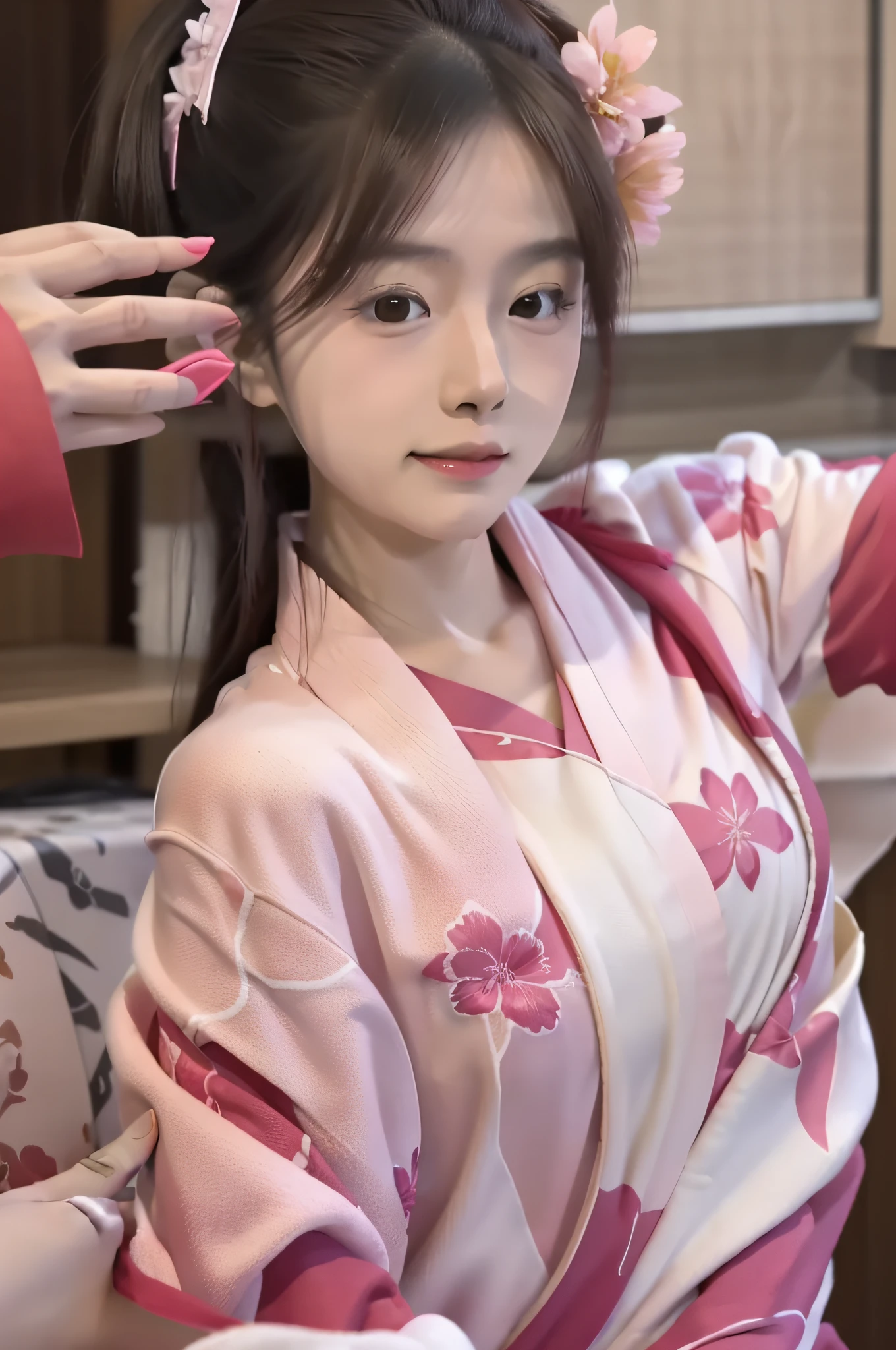 Asian woman in pink robe taking selfie in bathroom, Kneeling and squatting to take a selfie, in a kimono, komono, classy yukata clothing, Japanese clothes, Japanese kimono, Wearing a kimono, yukata clothing, in a kimono, red kimono with flower patterns, wearing pink floral chiton, japanese-inspired, pale and coloured kimono, classic kimono
