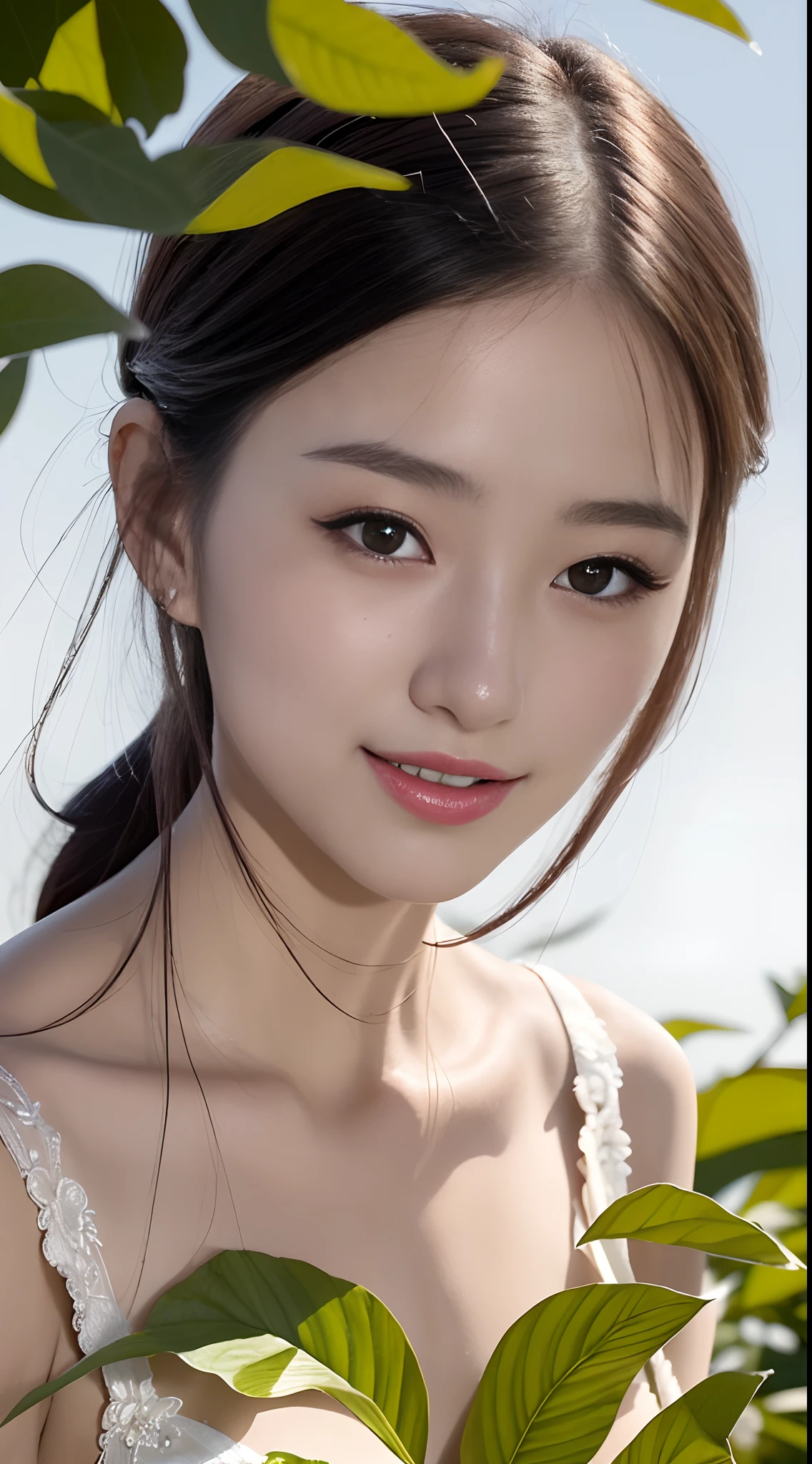 A beautiful 20-year-old girl，F-cup，Authentic full-body photos，ultraclear，beautiful pupil，A sweet smile，Delicate fair skin，photo-realistic，exquisite and complete facial features，Detailed depiction of the face，二重まぶた，tall nose bridge，Extremely delicate black hair，Feminine temperament，Fill your face light，Golden ratio figure，The figure is convex and upturned,100 million pixel quality,Delicate and perfect body art。Blue sky, white clouds, green plant background，Transparent sex wear。