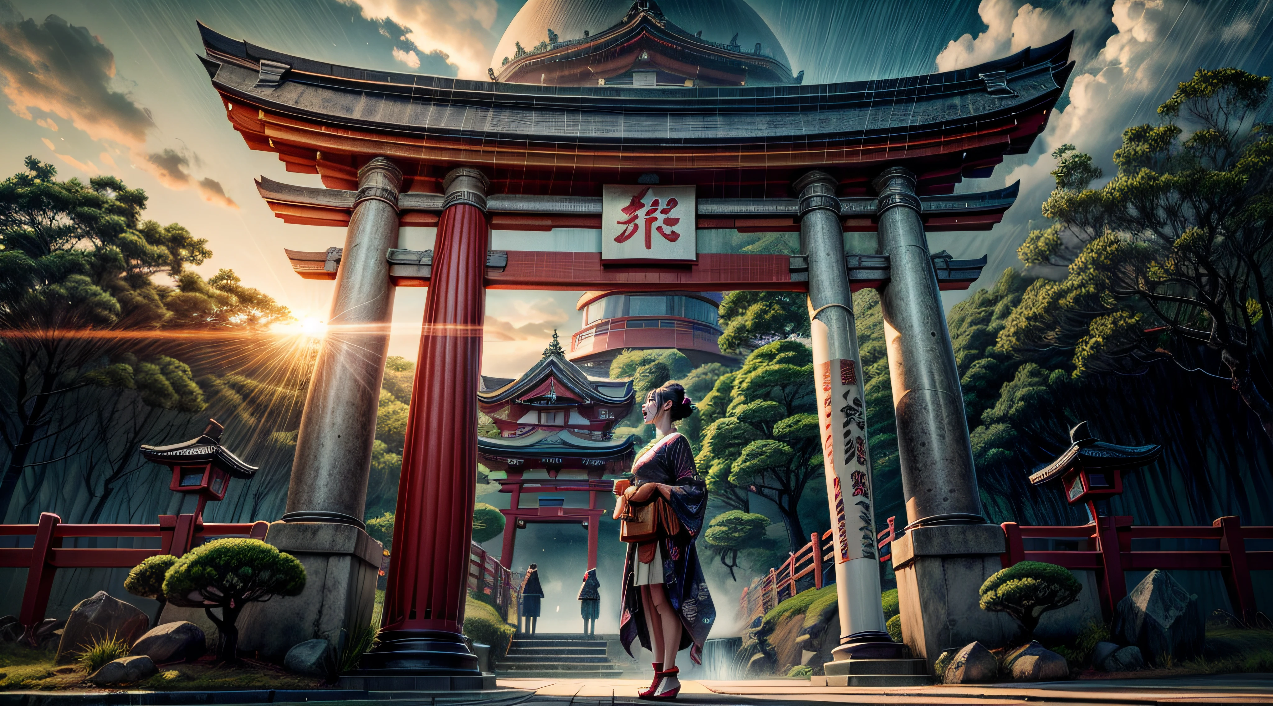 A goddess formed by the water of the ocean, the twisted trunks of the forest, the light of the moon and sun, the wind of a thousand storms and the fire of hell, a kimono dress, infront of a torii marking the entrance to a japanese shinto shrine, the gate guarded by stone komainu, the left with a closed mouth, the right with an open mouth