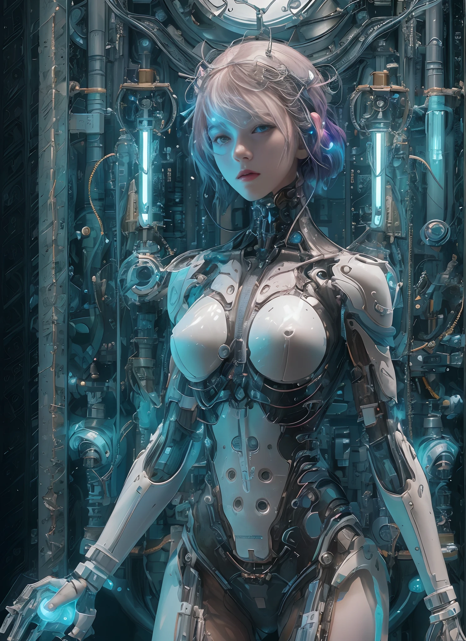 Top Quality, Masterpiece, Ultra High Resolution, ((Photorealistic: 1.4), Raw Photo, 1 cyberpunk android Girl, ((portrait)), Glossy Skin, (Ultra Realistic Details)), transparent plastic covering mechanical limbs, tubes connected to the mechanical parts, mechanical vertebrae attached to the spine, mechanical cervical attachment to the neck, wires and cables connecting to the head, Evangelion, ((Ghost in the Shell)), small glowing LED lamps, global lighting, deep shadows, Octane Rendering, 8K, Ultra Sharp, Metal, Intricate Ornament Details, baroque details, Very intricate details, realistic light, CGSoation trend, facing the camera, neon details, (android manufactory in background), art by H.R. Giger and Alphonse Mucha.