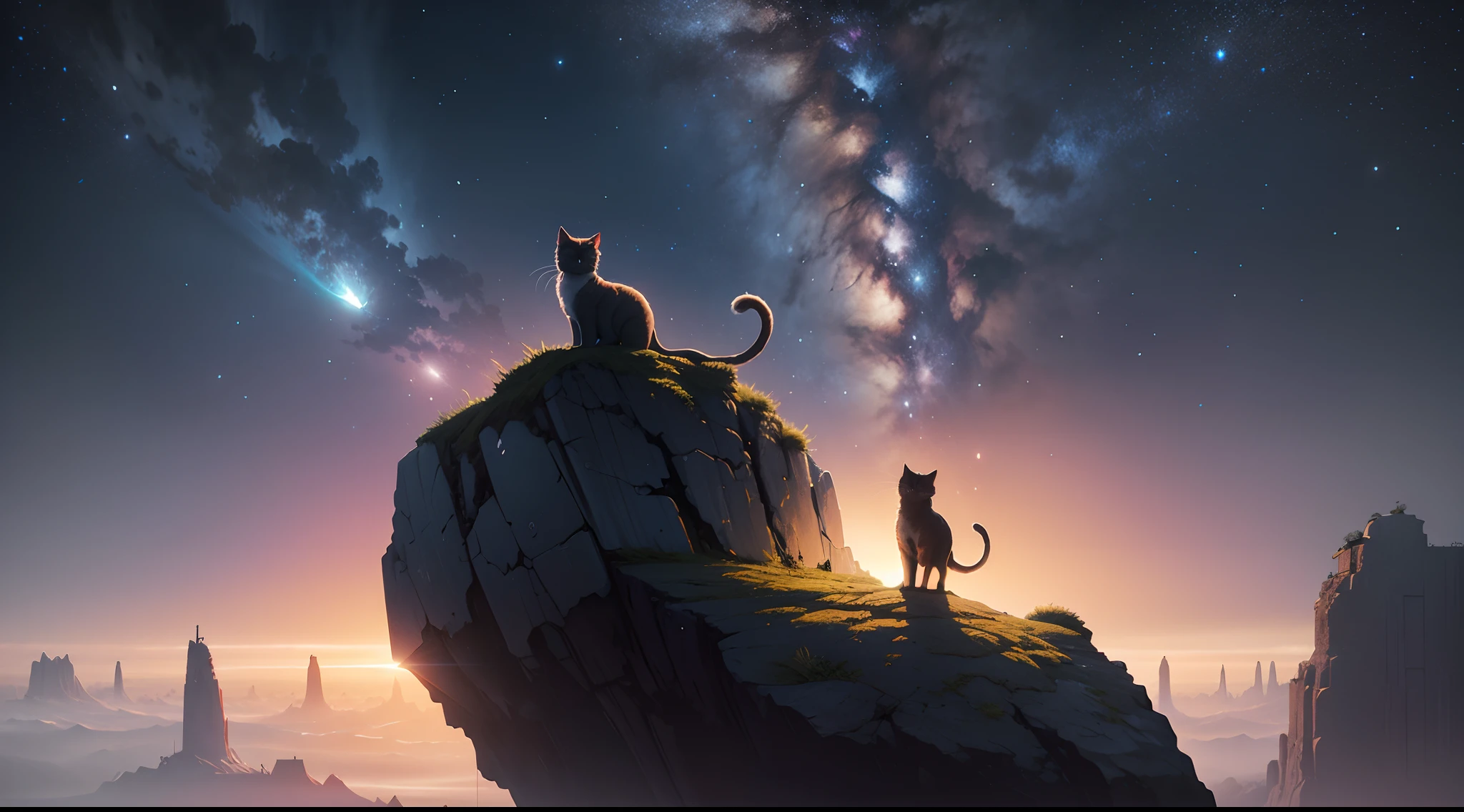 Close-up of a cat standing on a rock in the middle of the Milky Way, Inspired by Cyril Rolando, beeple artwork, beeple art, in the style of Cyril Rolando, beeple masterpiece, beeple colors, artgem and beeple masterpiece, Beautiful art UHD 4 K, by Mike "beeple" Winkelmann