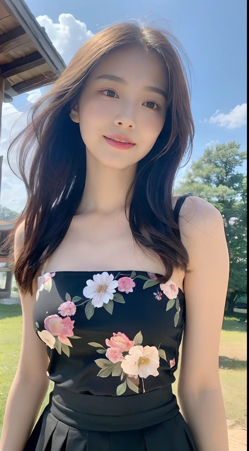 ((best qualtiy, 8K, tmasterpiece:1.3)),Focus:1.2, female high-school student,Perfect S-Shaped Body,(A look of determination)(adolable),delicated face,Long hair waist-length,long hair flowing,Tilt your head,ssmile,Hair details,Delicate Full Body Portrayal,Delicate depiction of the face,Best picture quality,A high resolution,细致背景,Delicate portrayal,exquisitedetails,Rich in detail,Facial strengthening,(Black cropped top,Floral bust midi skirt),with blue sky and white clouds,Flowers,wooden cabin,There are no bags under the eyes,gazebo,Sit in the gazebo,A gentle breeze