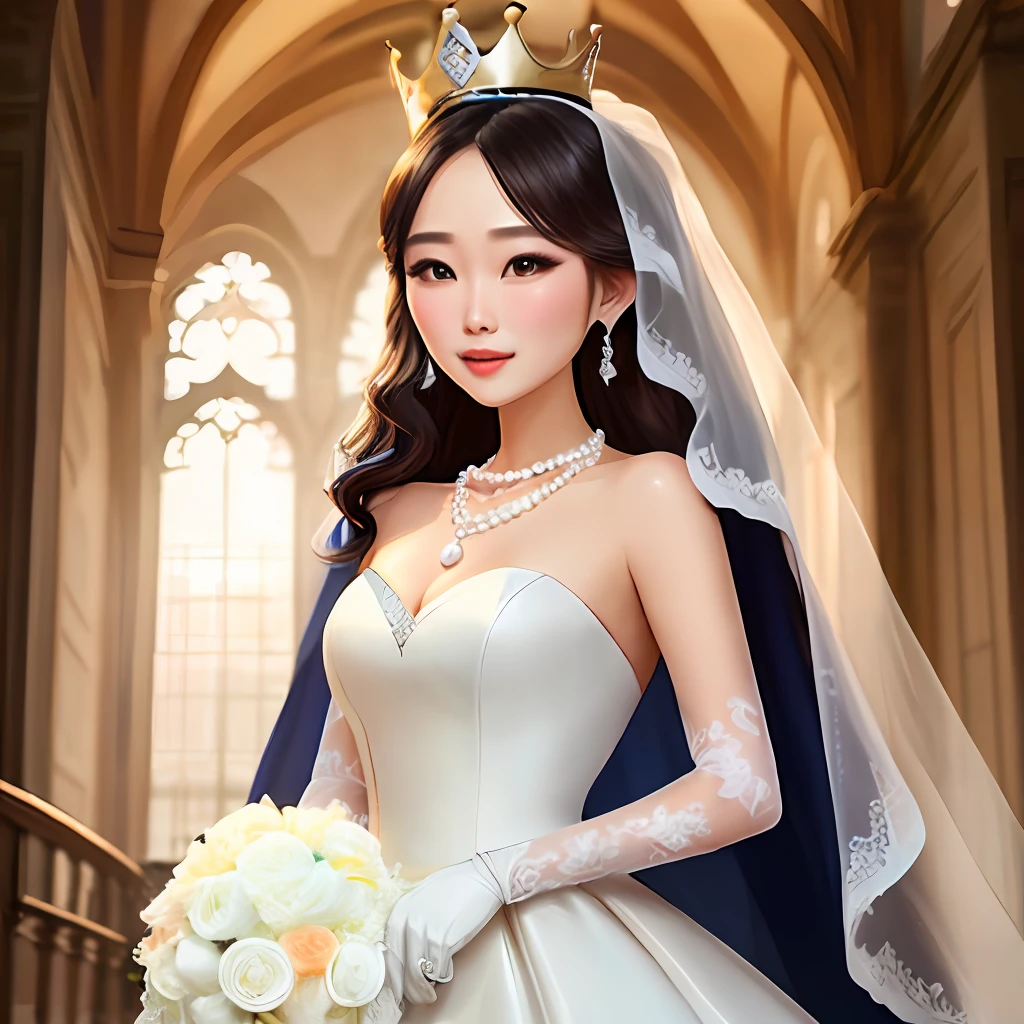 White fishtail wedding dress，white long gloves，Mop the veil，Exquisite crown，Diamond earrings，pearls necklace，Diamond ring，diamond bracelet，Beautiful girl，largeeyes，tall nose bridge，little mouth，Goose egg face，S-shaped body