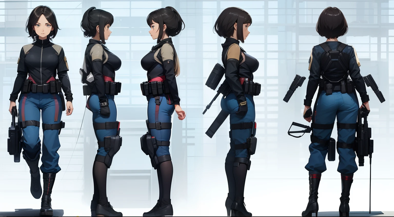 (Same character, front, side, back), simple background (full body), Françoise Dupont as a young female vigilante. Brunette
