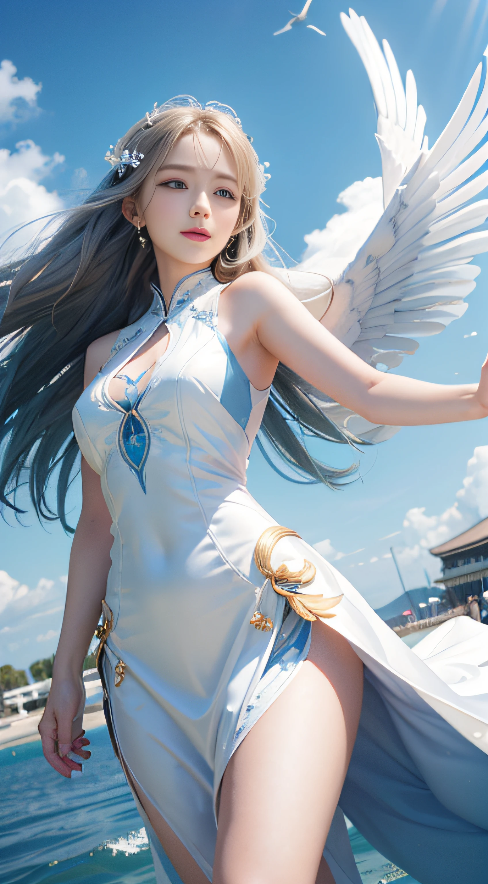 The beautiful girl has a pair of white wings,The blue eyes shone with a dreamy light。She flew in the blue sky,The wings flap gently,Bring a breeze。She wore a flowing white dress,Long hair flutters in the wind。The sun shines on her face,Reflects her pure smile。She danced her wings freely,Like an elegant crane,Leave a beautiful arc。Her figure left a beautiful trail in the sky,It was as if it brought hope and joy to the earth。