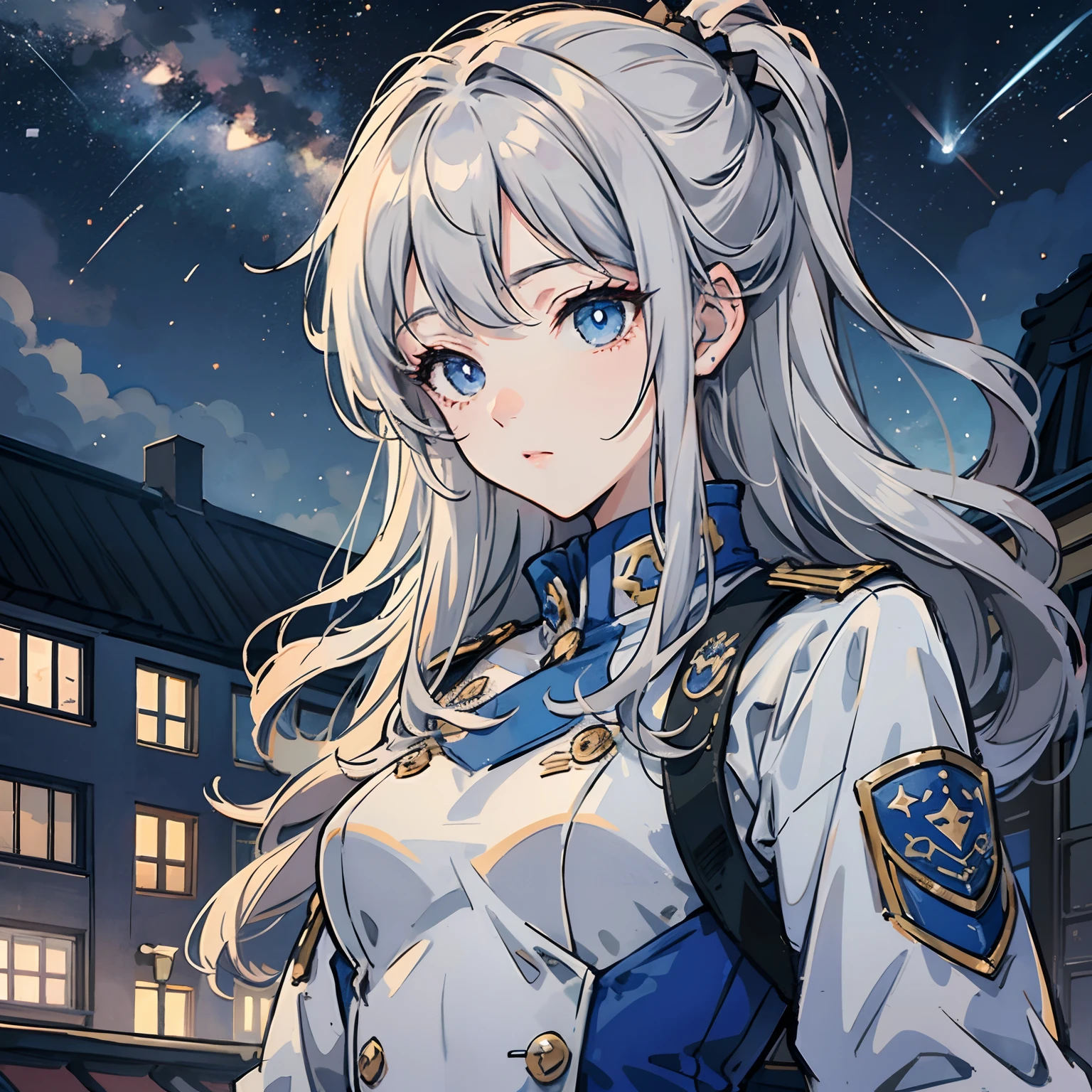 gray hair, blue eyes, night view, rooftop, uniform, shooting star, illustration, anime style