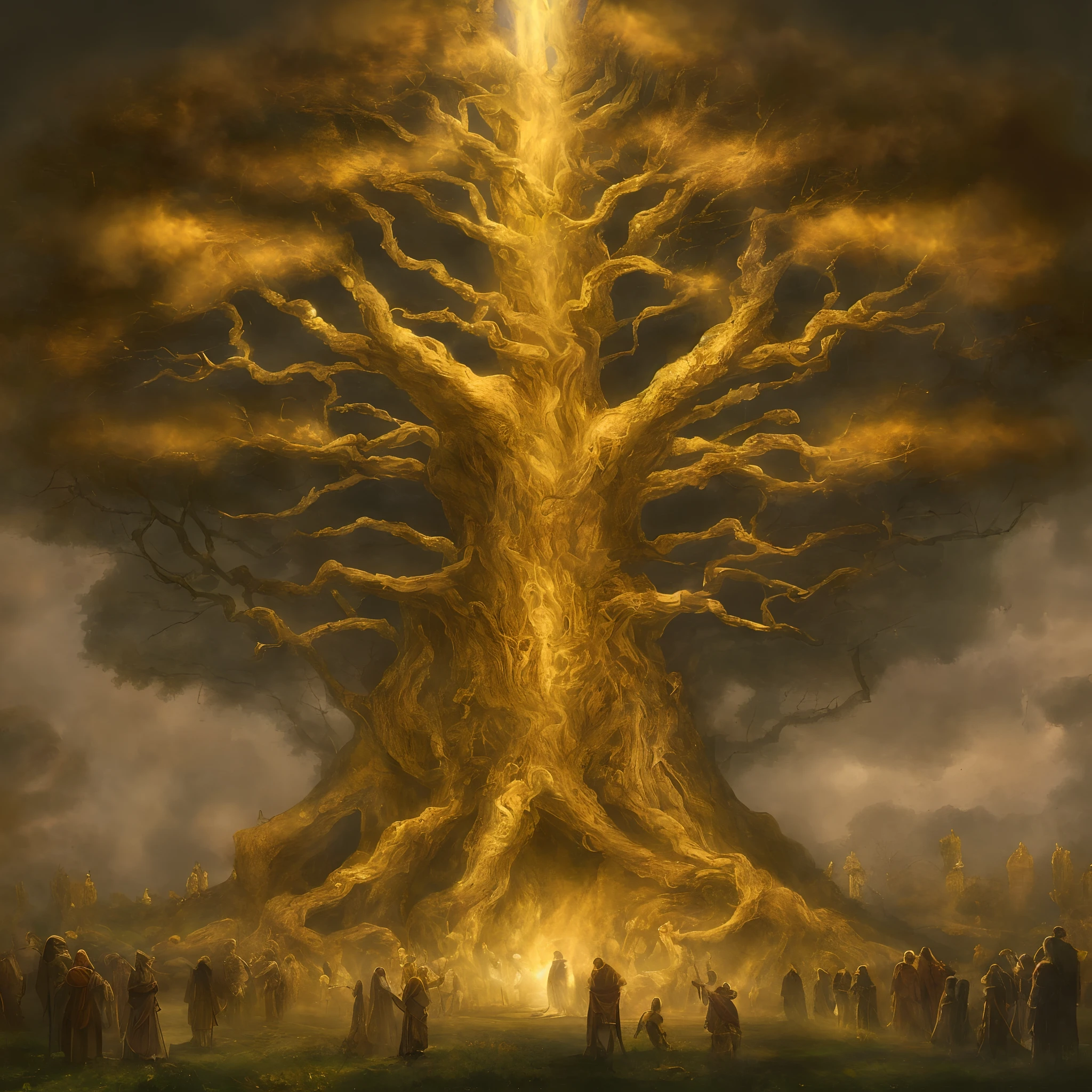 The Erdtree (Golden tree, Ōgonju) is a giant, golden tree that towers above the Lands Between. The Lands Between are blessed by the Elden Ring, which is the source of the Erdtree, that symbolizes its presence. It is the heart of the Golden Order. The blessing granted by the Erdtree and consequently the Elden Ring, is represented by a golden light in the eyes of the inhabitants of the Lands Between, known as the Grace of Gold. Upon their deaths, the remembrances of demigods and greater champions, and other such powerful beings are hewn into the Erdtree