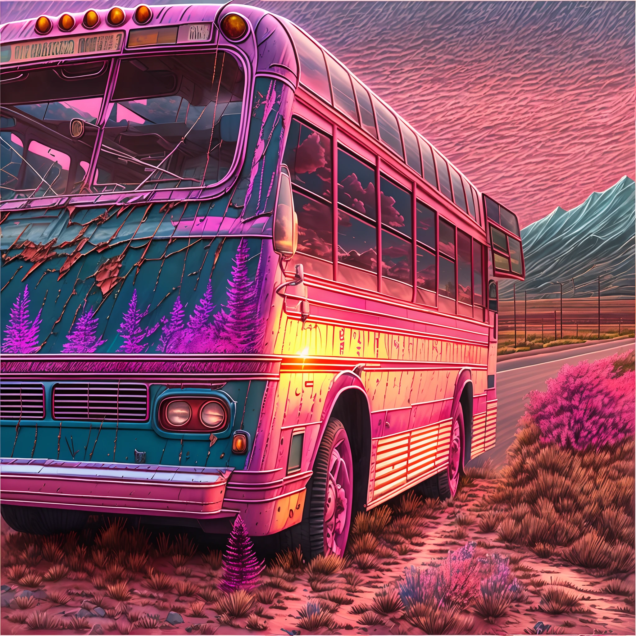 (Best quality), (masterpiece:1.3), (photorealistic:1.36), (realistic), ultra-detailed,, detail background, The windshield of a blue bus heading west flashes pink in the setting sun, the setting sun glints off the bus windows, and the setting sun brushes the sides of the damaged bus. Red gravel road,Country roads, sunset, sparse buildings,