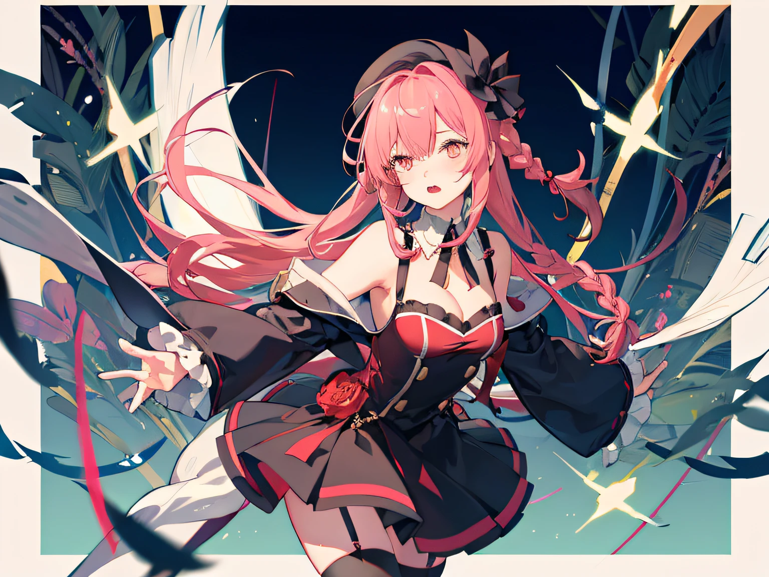masterpiece,absurdres,garter_straps, 1girl, thighhighs, hat, long_hair, breasts, solo, beret, red_eyes, blush, gradient_background, skirt, gradient, cleavage, looking_at_viewer, hair_over_one_eye, open_mouth, braid, red_headwear,shibuya \(tokyo\), outdoors