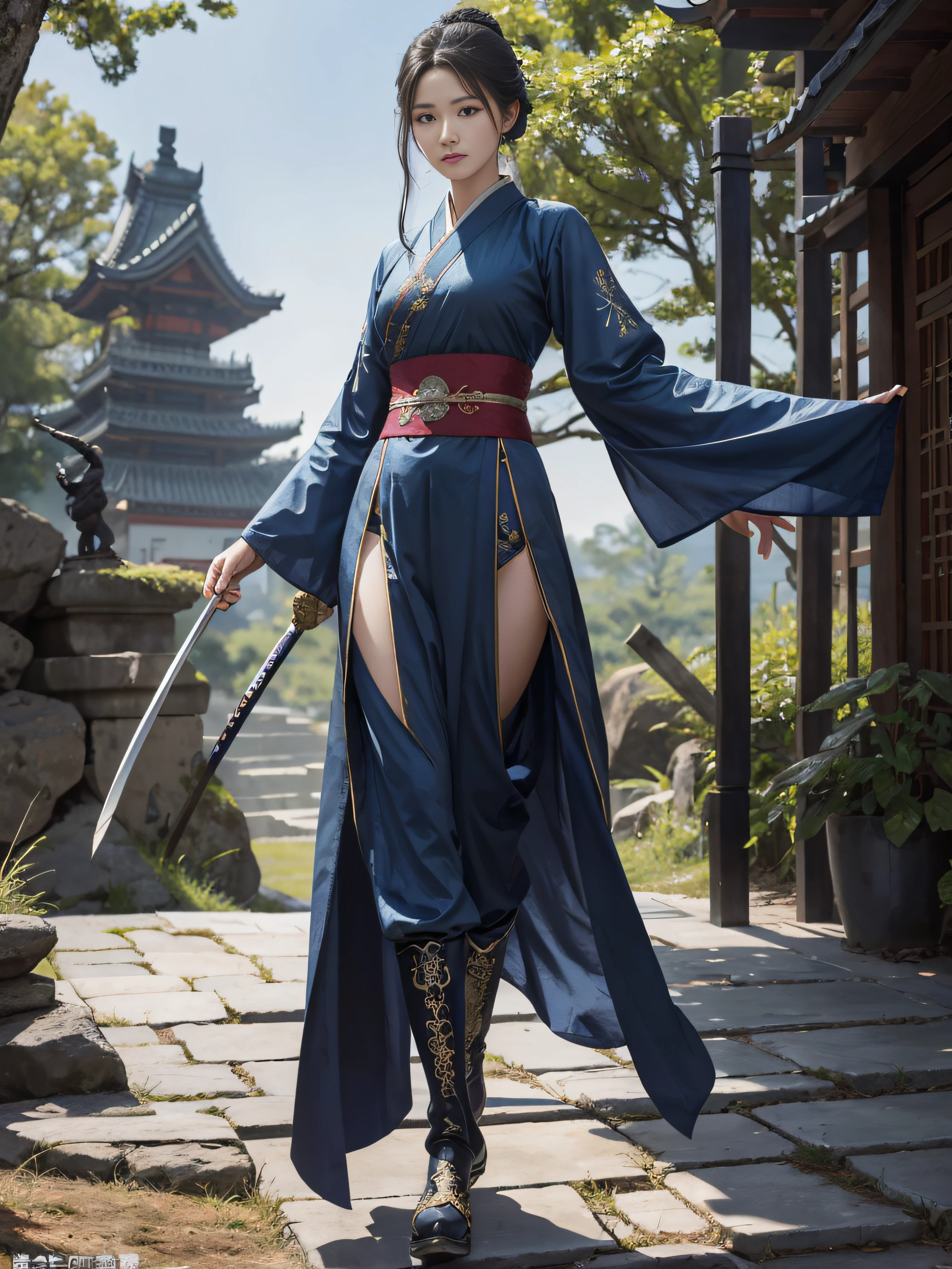 Royal sister，swordsmen，Big sister type，Oriental women，gallant woman，Cold sass，Different styles,tmasterpiece,A high resolution,,Absolutely beautiful,，（Wide buttock：1.4），（Thick legs：1.4），are standing，exquisitedetails,A high resolution,Wallpapers,1female,独奏,，enchanted、Raised sexy， A cruel expression，ancient wind，Hanfu,，Wear long pants，Wear boots，embroidery, natural poses,standing on your feet， Fanning，16K，HDR，A high resolution，depth of fields，Bocoon，prime time，Vignette，rainbowing