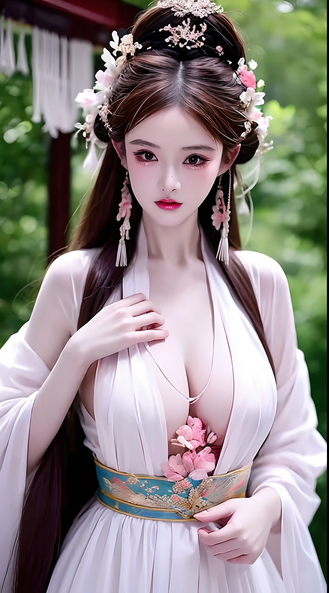 1 realistically beautiful girl, waist length hair, black eyes, ancient Ao Dai, style hanfu, wearing a thin silk shirt of ancient China, pink and smooth white skin, wearing a discreet ancient style ao dai, appears shoulders and head in the photo, plump red lips, pout, mouth shut, embarrassed, small face makeup detailed and very beautifull, breast augmentation, ((big blum boobs:1.0)), Cover the girl's chest with a camisole inside, blush, from front, wear earrings, necklaces, from above, looking at viewer, upturned eyes, full body, masterpiece, top quality, best quality, official art, unity 8k wallpaper, highres, ultra-high res, ultra-detailed, (photorealistic:1.2), alone, solo, Only 1 girl, style hanfu Dunhuang, 10x pixels, super realistic, ultra high quality, full body view of the girl, upper body,