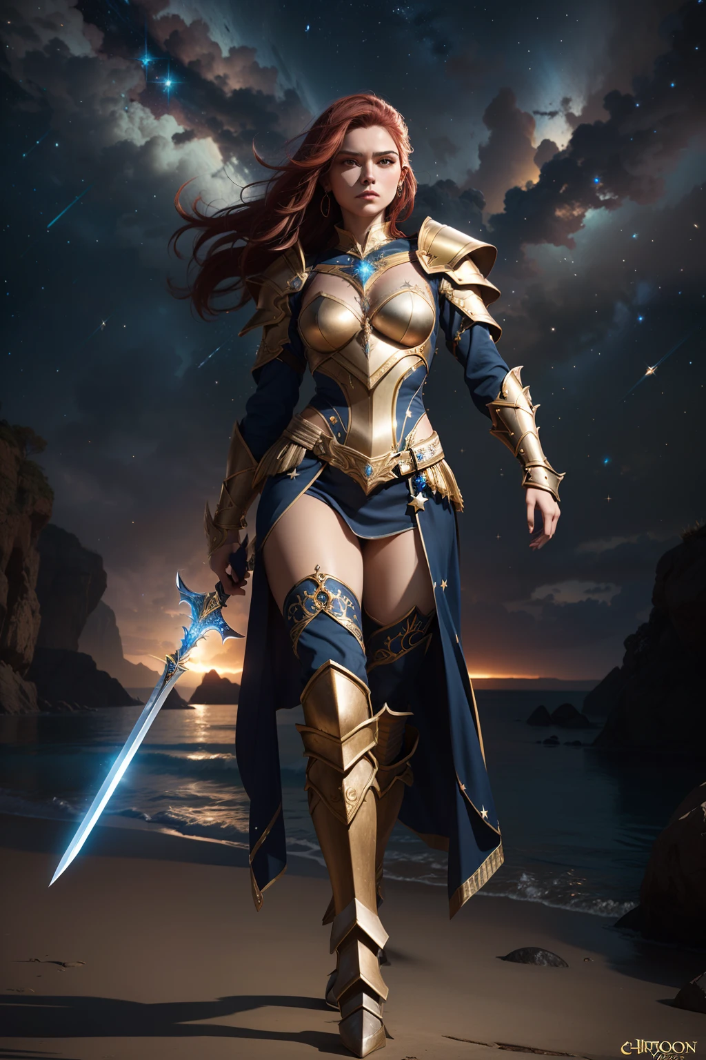 full body, Orionis is a 27-year-old female warrior, representing the constellation of Orion. She has a strong and graceful appearance, with long, flowing auburn hair and intense, determined eyes. Her face is both beautiful and fierce, reflecting her warrior spirit. She wears the Armor of Orion, a magnificent piece crafted with celestial metals and adorned with stars. The armor is both elegant and functional, with intricate designs representing the Orion constellation. It shines with a mystical glow, resonating with her inner strength. In her hand, she wields a sword that sparkles with cosmic energy. Her entire presence radiates a sense of power and determination, a true embodiment of the celestial hunter, hyperrealistic, photorealistic, Unreal Engine 5.