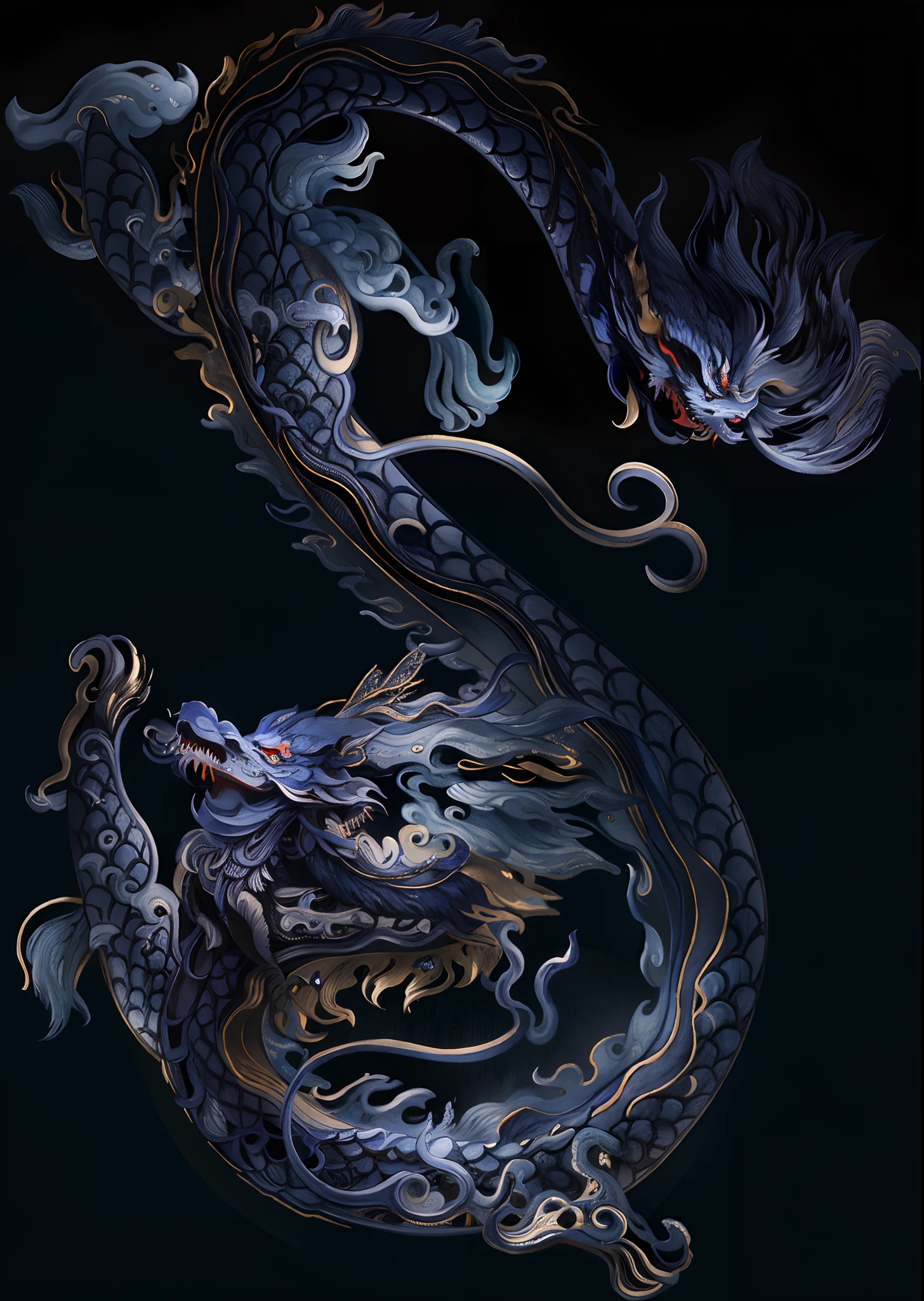 Dark blue dragon,chinesedragon,An ancient Chinese painting, ancient chinese background, mountain ranges, rios, Auspicious clouds, tmasterpiece, super detailing, Epic composition, hyper HD, high qulity, extremely detaile, offcial art, 统一 8k 壁纸, super detailing, 32k -- v 6