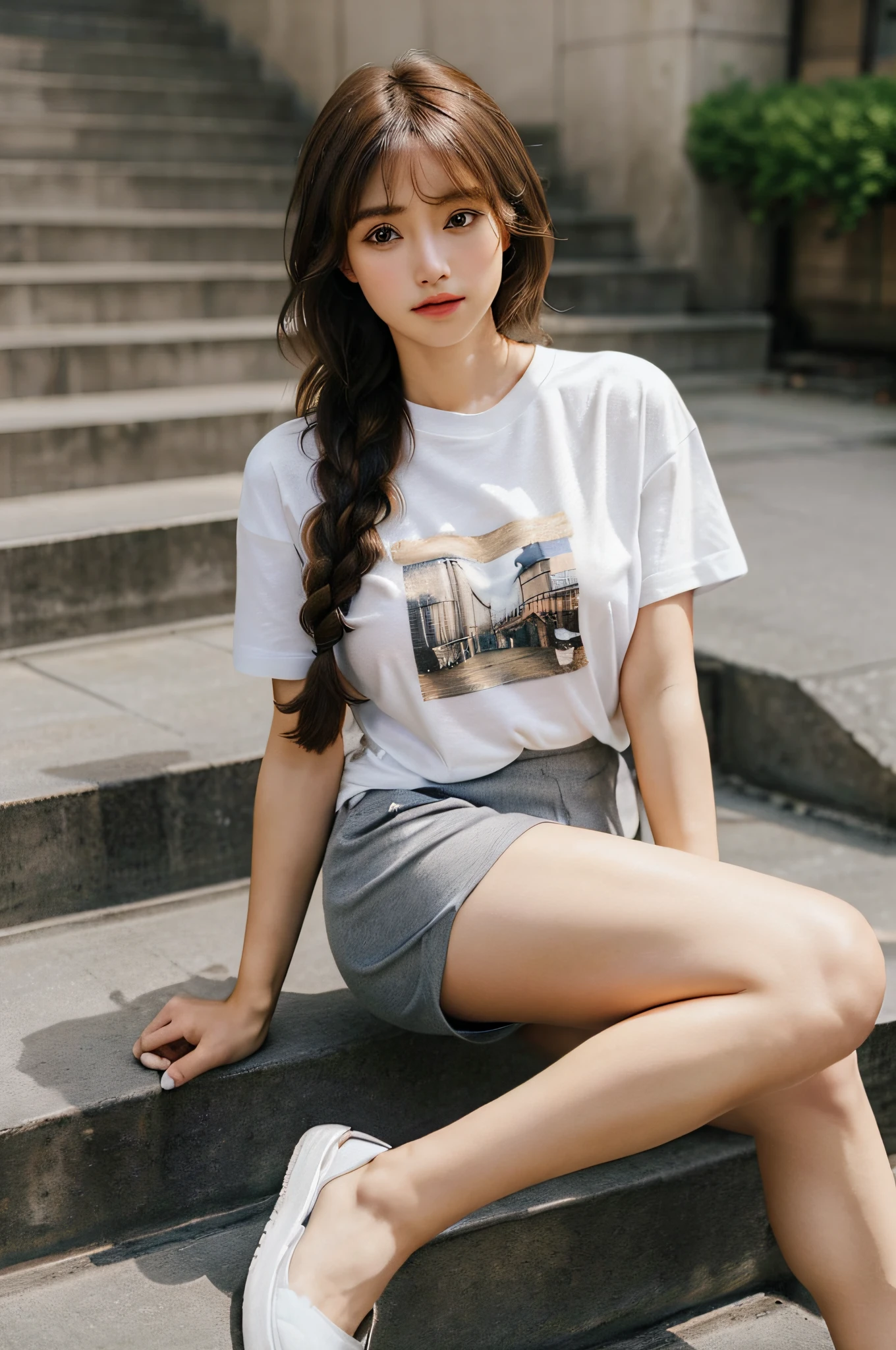 (frombelow:1.4)、((1girl in)),Light Brown Fringe Hair、Braided hair、disheveled hair、Light brown eyes、(dignified expression)、(爆乳:1.4)、Emphasize the valley、(Photorealsitic)、(intricate detailes:1.2)、(masterpiece、:1.3)、(top-quality:1.4)、(超A high resolution:1.2)、超A high resolution、(detailed facial features)、(Fashionable T-shirts:1.4),Adidas,sit on stairs、(beauty legs:1.4)、leggins:1.4、Fashion Model Pose、Plump body